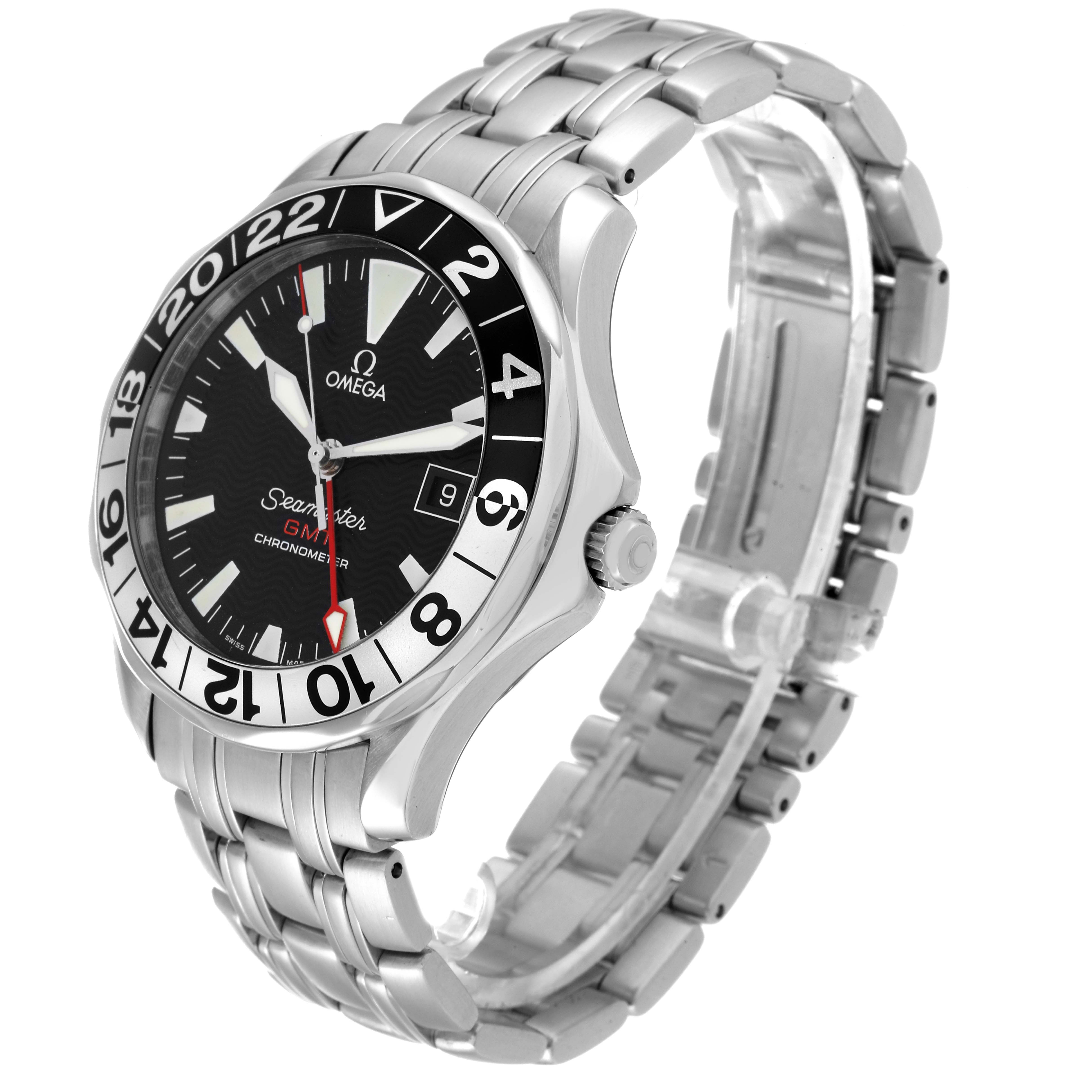 The image shows a side and front angle of an Omega Seamaster 2534.50.00 Men's Stainless Steel Black Dial 2534.50.00 Men's Stainless Steel Black Dial watch, featuring its black dial, bezel, and stainless steel bracelet.