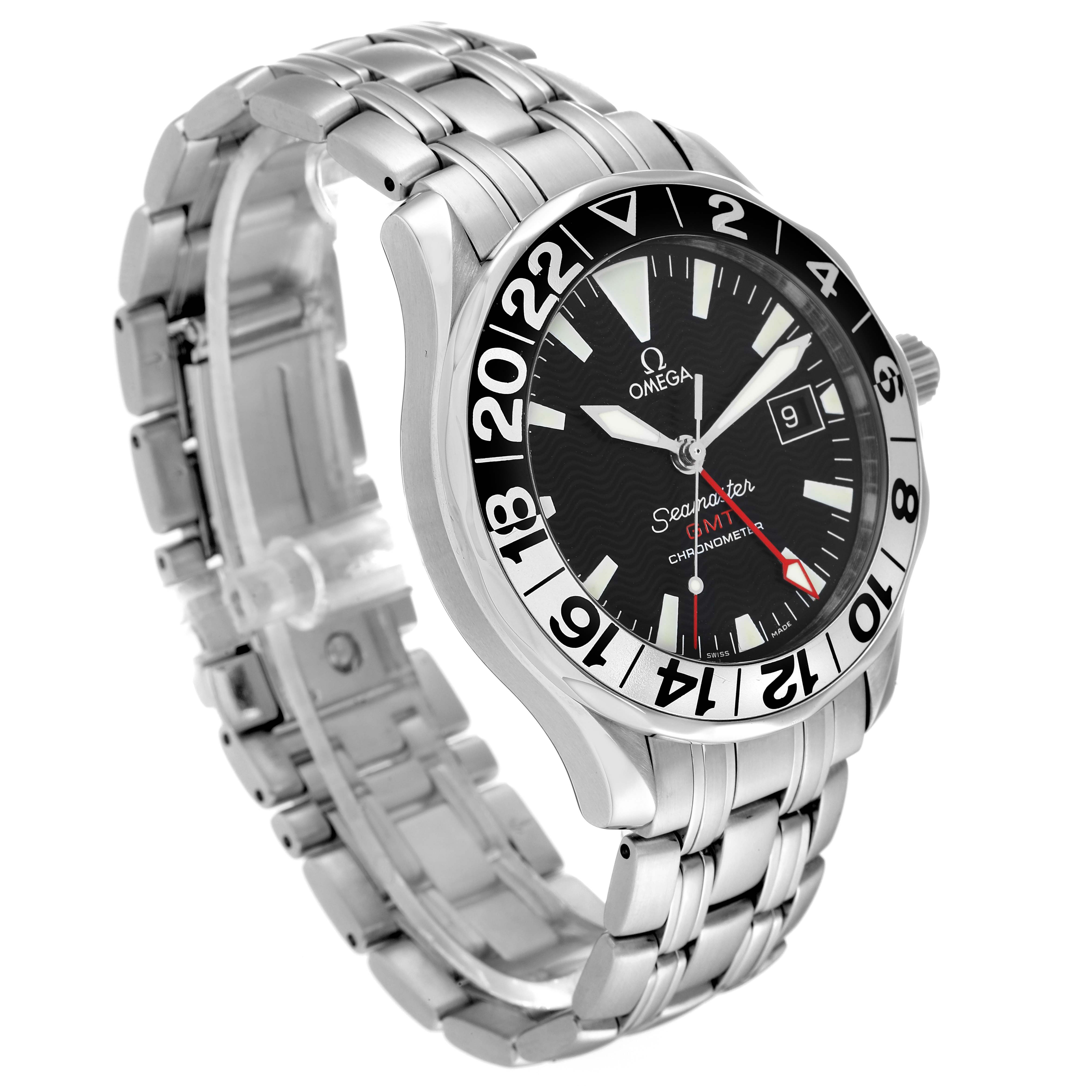 The Omega Seamaster 2534.50.00 Men's Stainless Steel Black Dial 2534.50.00 Men's Stainless Steel Black Dial watch is shown at a three-quarter angle, highlighting its face, bezel, and metal bracelet.