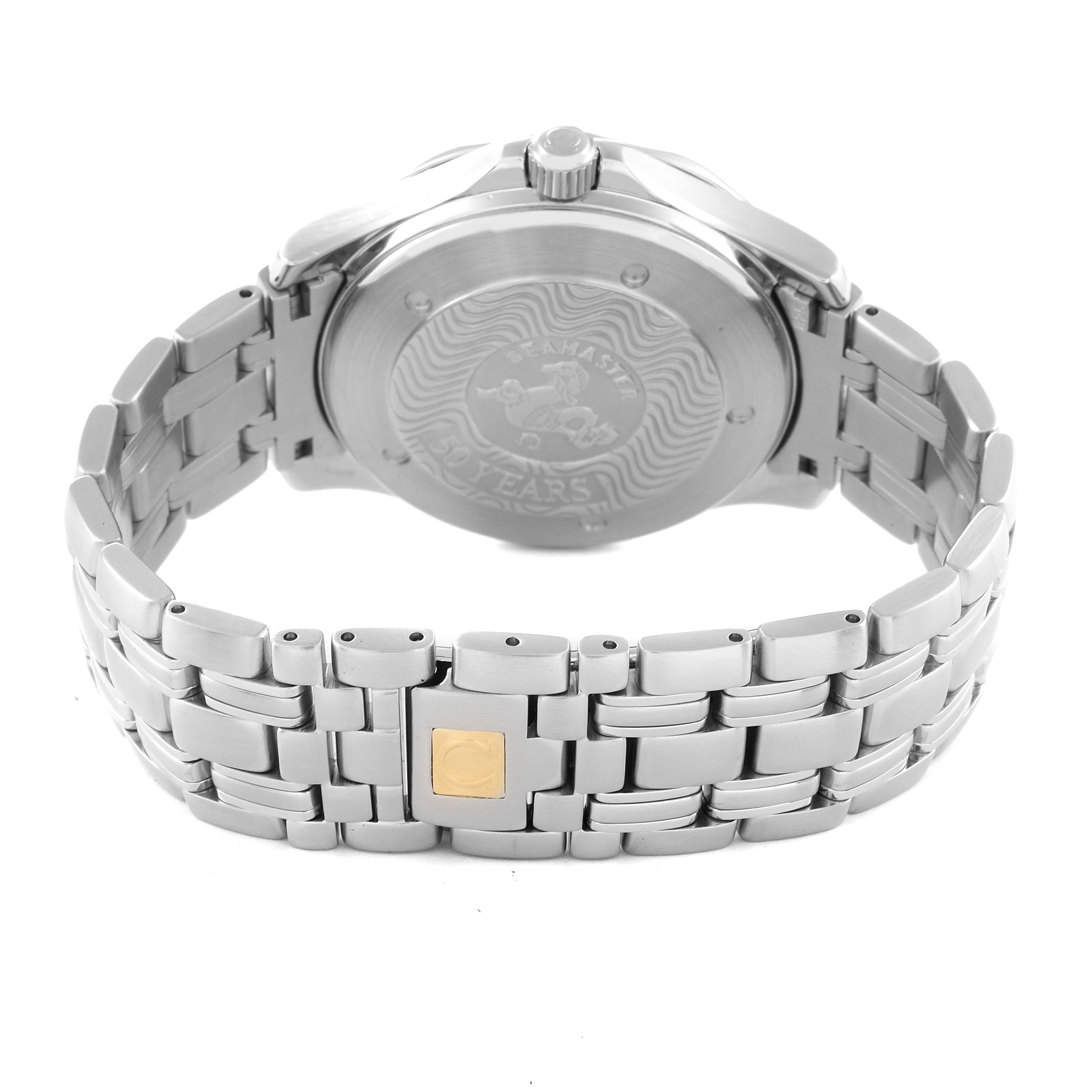 This Omega Seamaster 2534.50.00 Men's Stainless Steel Black Dial 2534.50.00 Men's Stainless Steel Black Dial watch is shown from the back, highlighting its case back and metal bracelet.