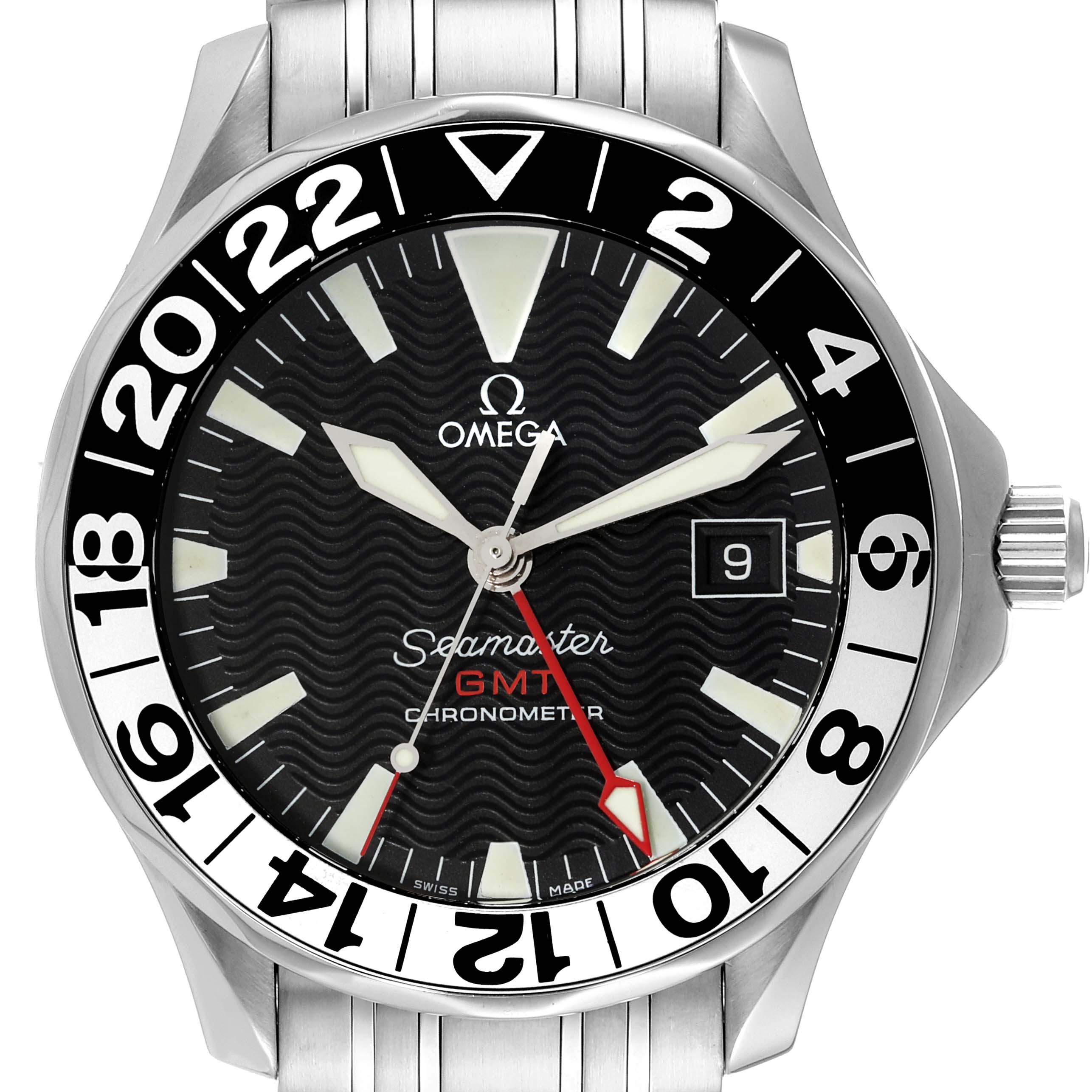 The image shows the front view of an Omega Seamaster 2534.50.00 Men's Stainless Steel Black Dial 2534.50.00 Men's Stainless Steel Black Dial GMT Chronometer watch, displaying its dial, bezel, and part of the strap.