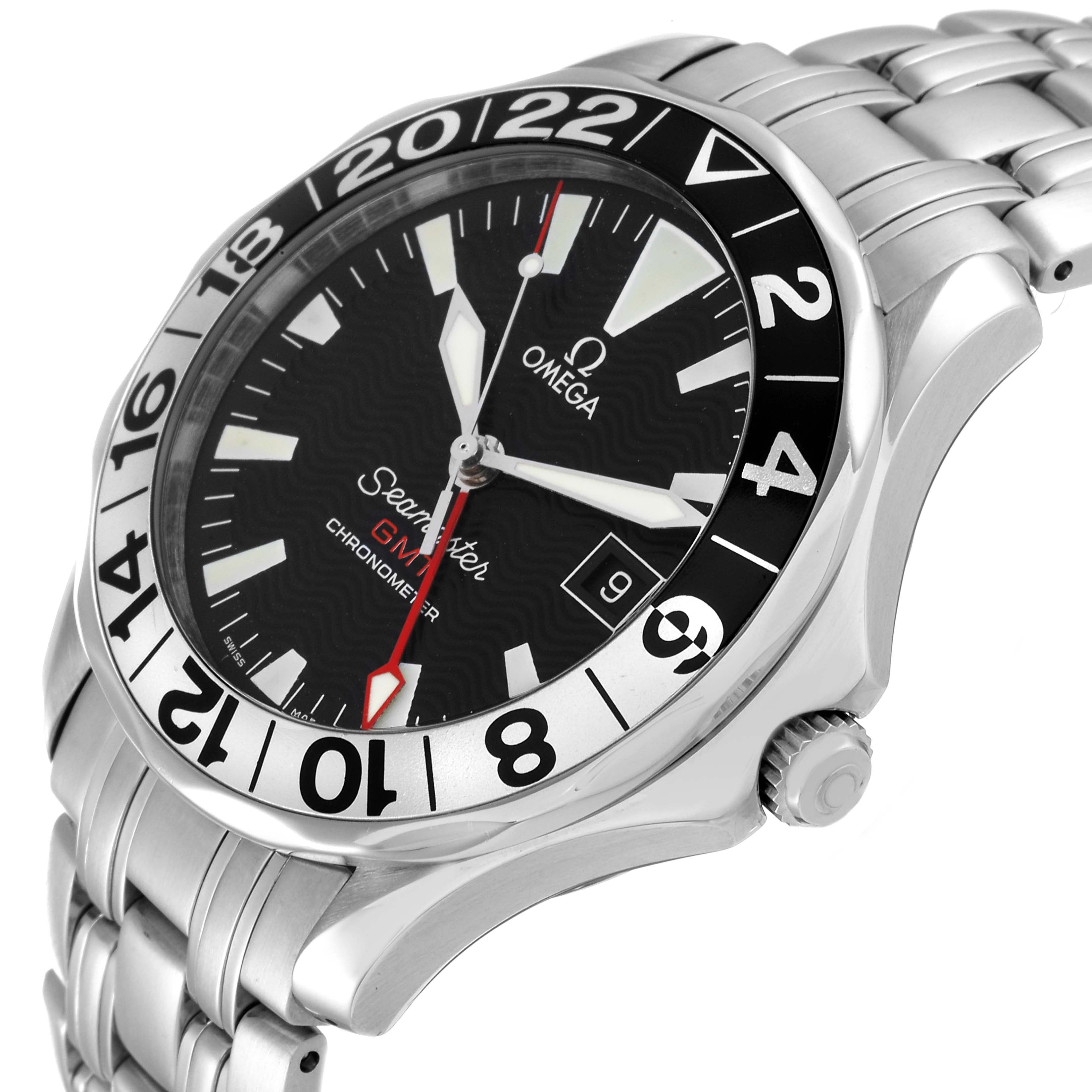 The image shows a side view of an Omega Seamaster 2534.50.00 Men's Stainless Steel Black Dial 2534.50.00 Men's Stainless Steel Black Dial watch, highlighting its bezel, dial, and crown.