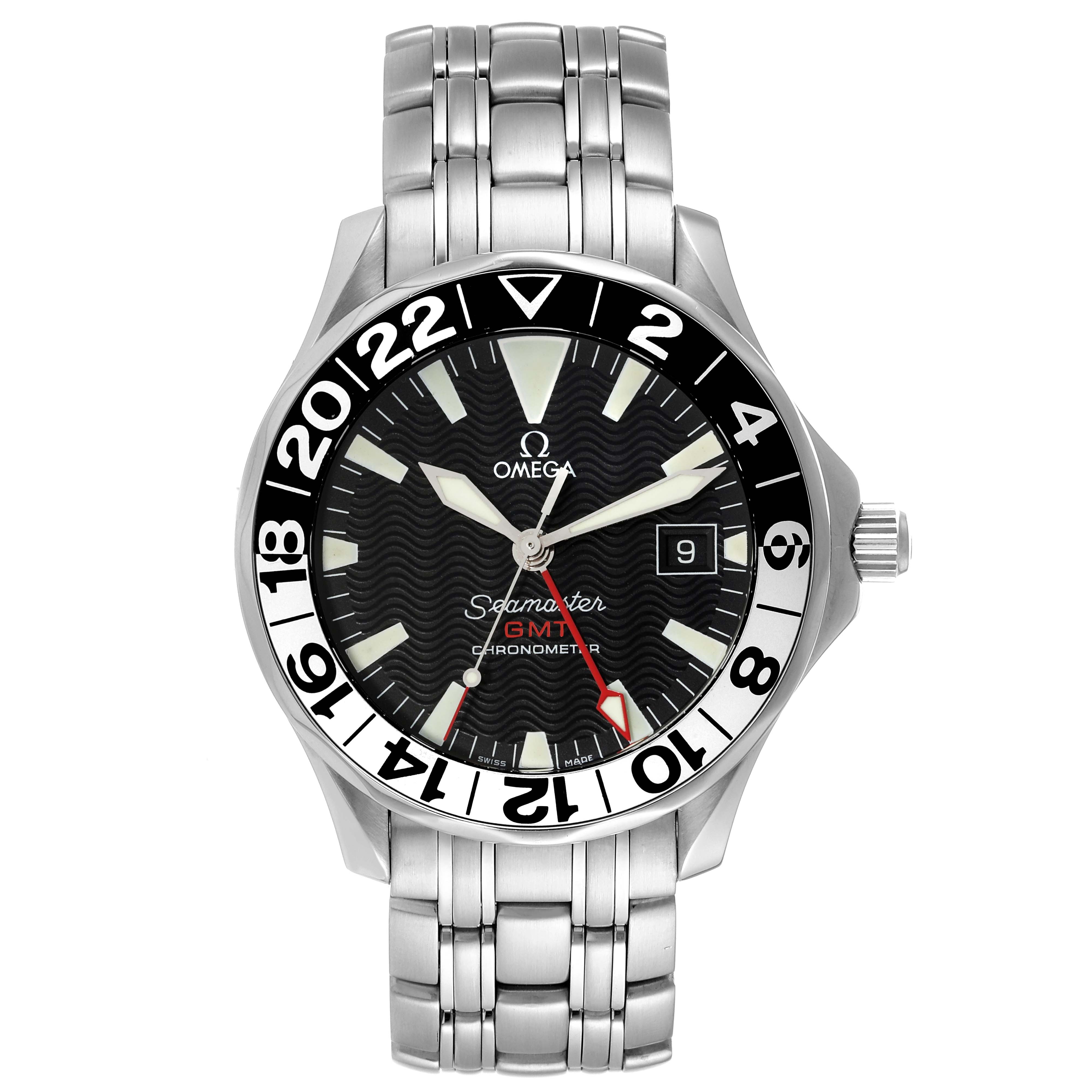 The image shows a front view of an Omega Seamaster 2534.50.00 Men's Stainless Steel Black Dial 2534.50.00 Men's Stainless Steel Black Dial GMT Chronometer watch with its face, bezel, and stainless steel bracelet clearly visible.