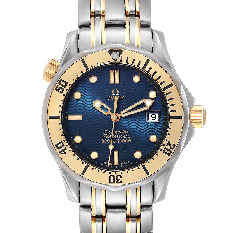 Omega Seamaster Midsize Blue Dial Steel Yellow Gold Mens Watch 2342.80.00 SwissWatchExpo