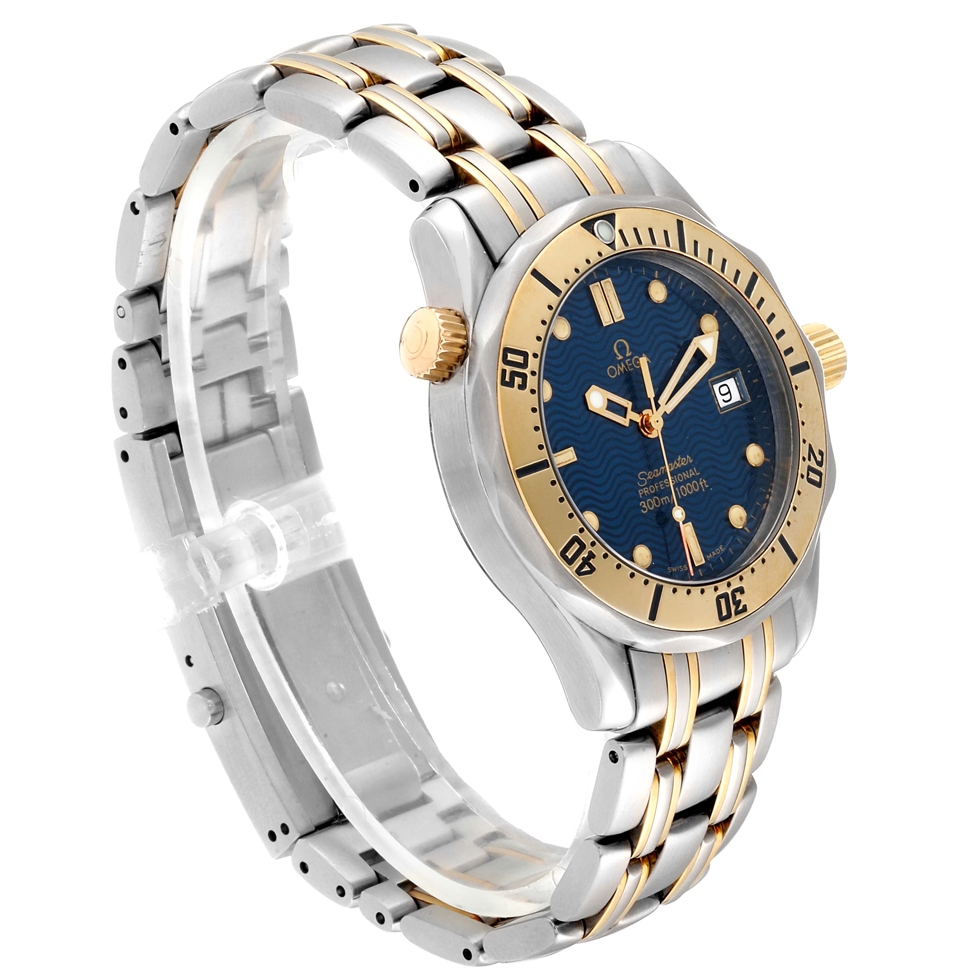 The watch is an Omega Seamaster 2342.80.00 Men's Steel and Gold (two tone) Blue Dial 2342.80.00 Men's Steel and Gold (two tone) Blue Dial model shown at a three-quarter angle, highlighting the bracelet, bezel, crown, and face.