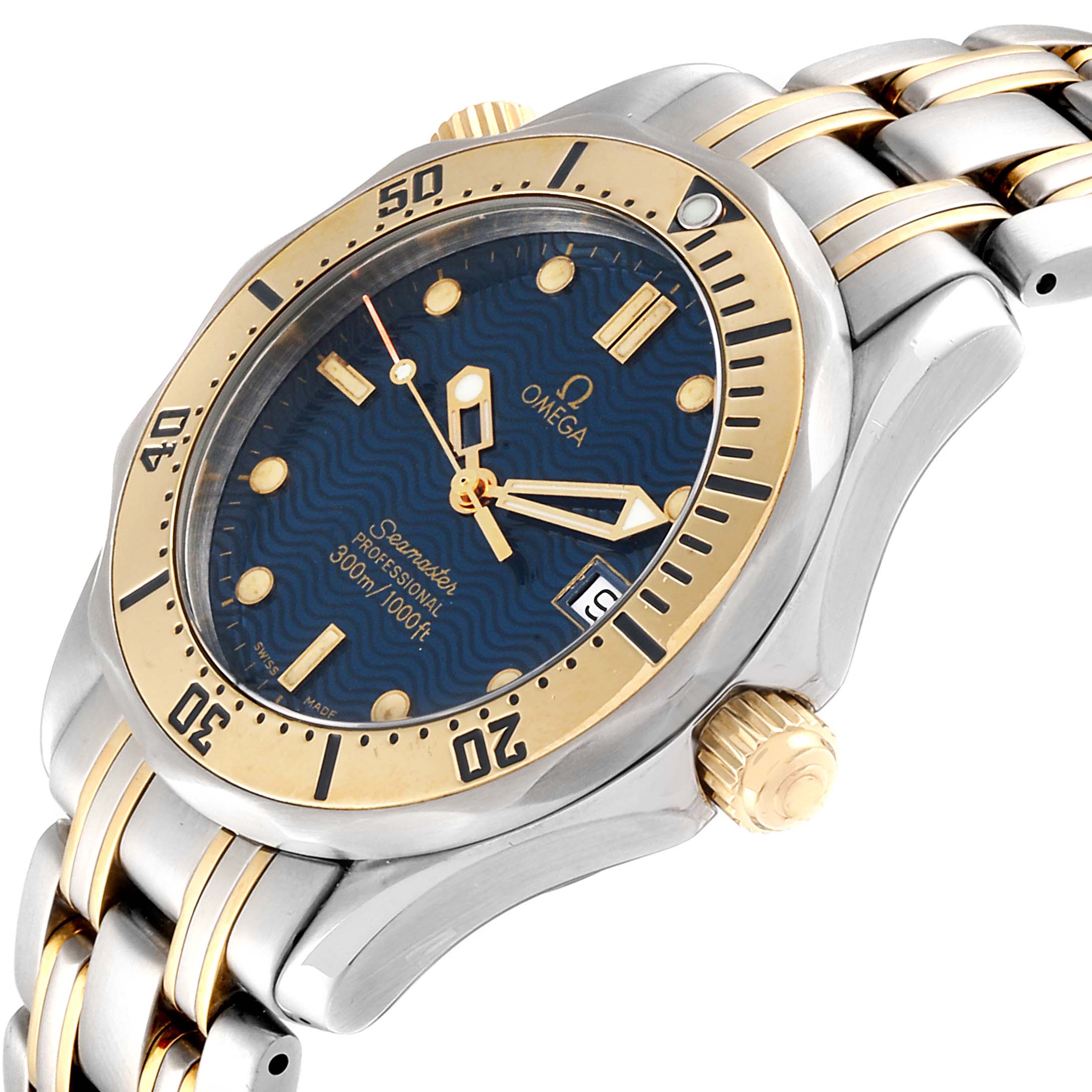 The Omega Seamaster 2342.80.00 Men's Steel and Gold (two tone) Blue Dial 2342.80.00 Men's Steel and Gold (two tone) Blue Dial watch is shown at an angled side view, displaying its blue dial, gold bezel, and bracelet.
