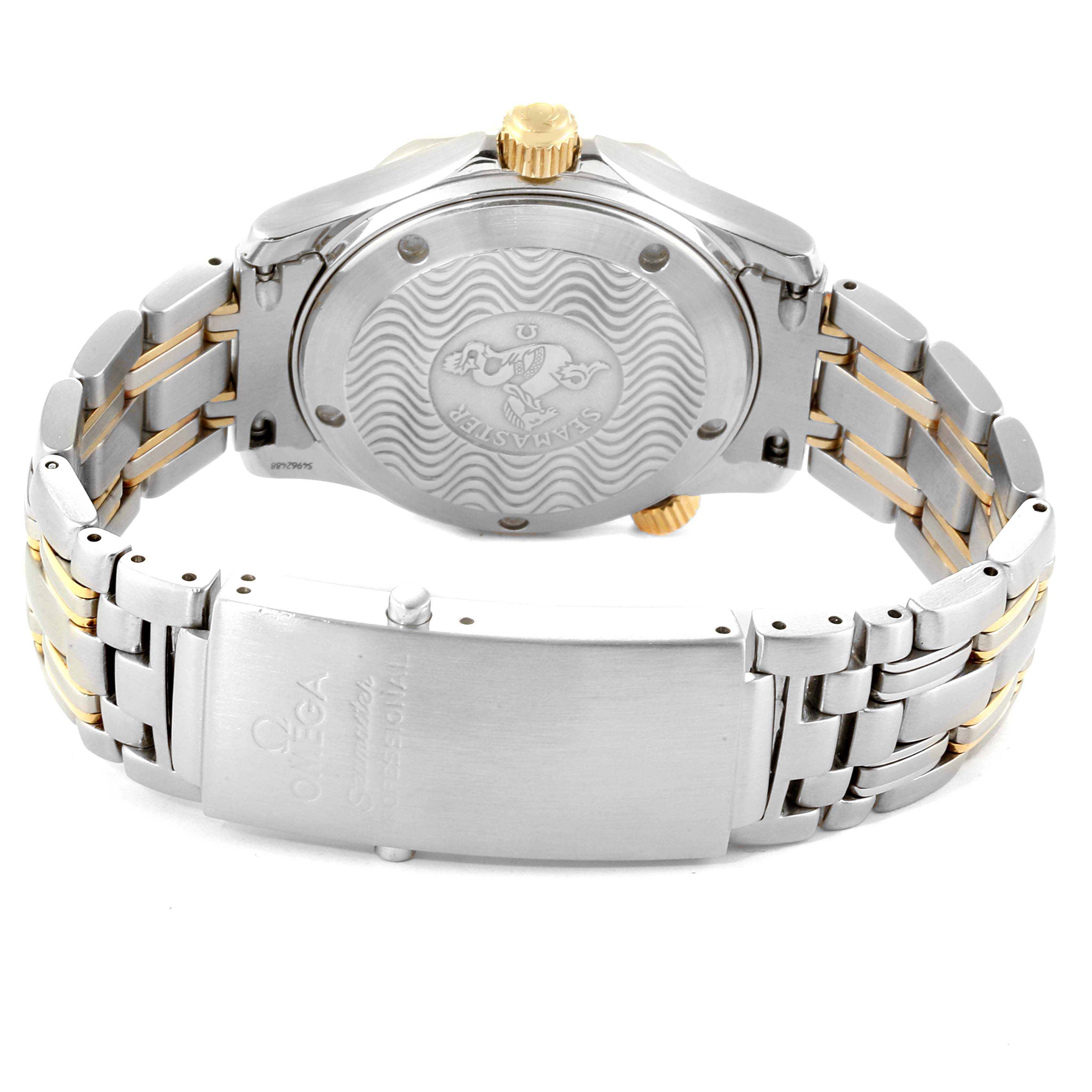 The image shows the back case, crown, and bracelet of an Omega Seamaster 2342.80.00 Men's Steel and Gold (two tone) Blue Dial 2342.80.00 Men's Steel and Gold (two tone) Blue Dial watch from a rear angle.