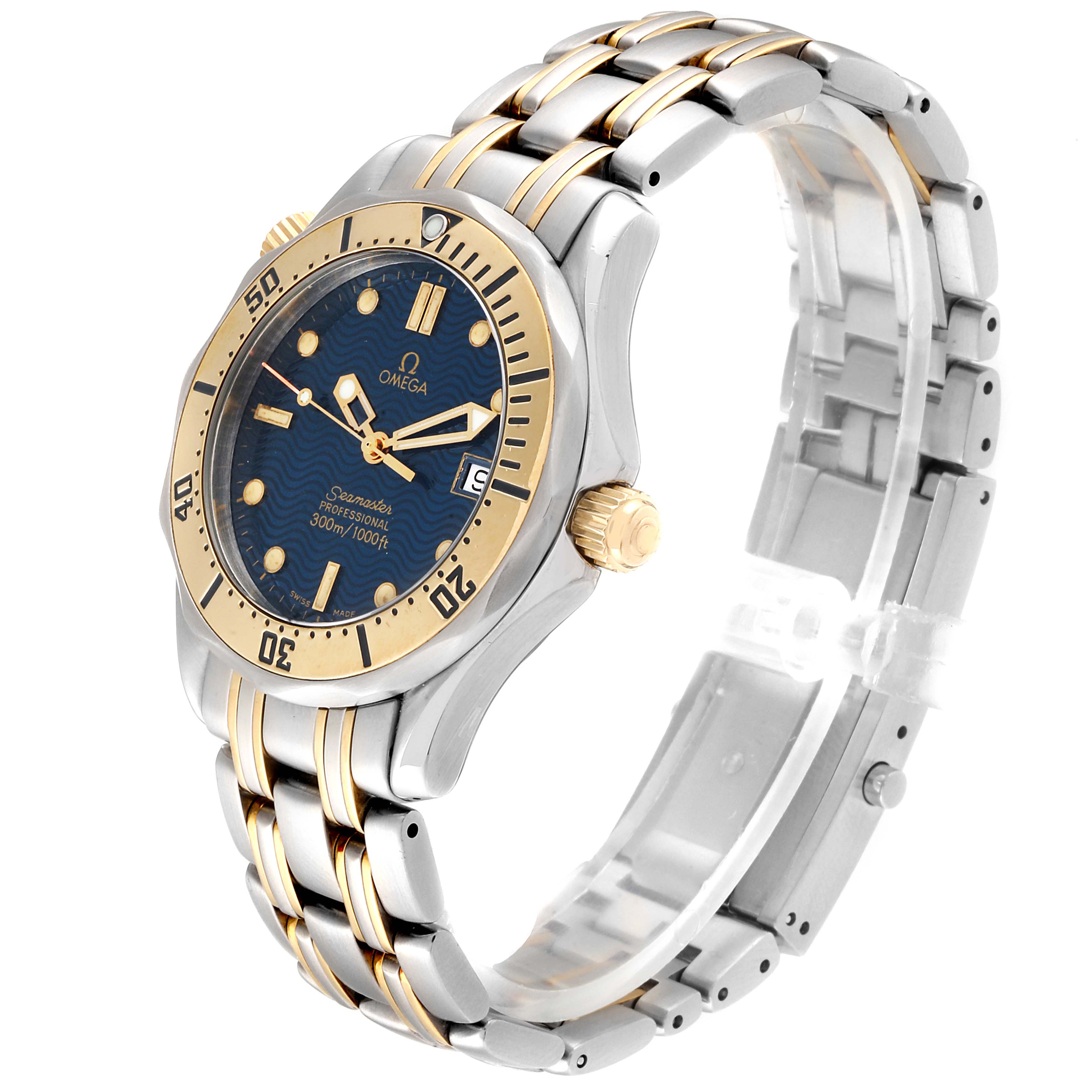 The Omega Seamaster 2342.80.00 Men's Steel and Gold (two tone) Blue Dial 2342.80.00 Men's Steel and Gold (two tone) Blue Dial watch is shown at an angle displaying the face, bezel, crown, and bracelet.