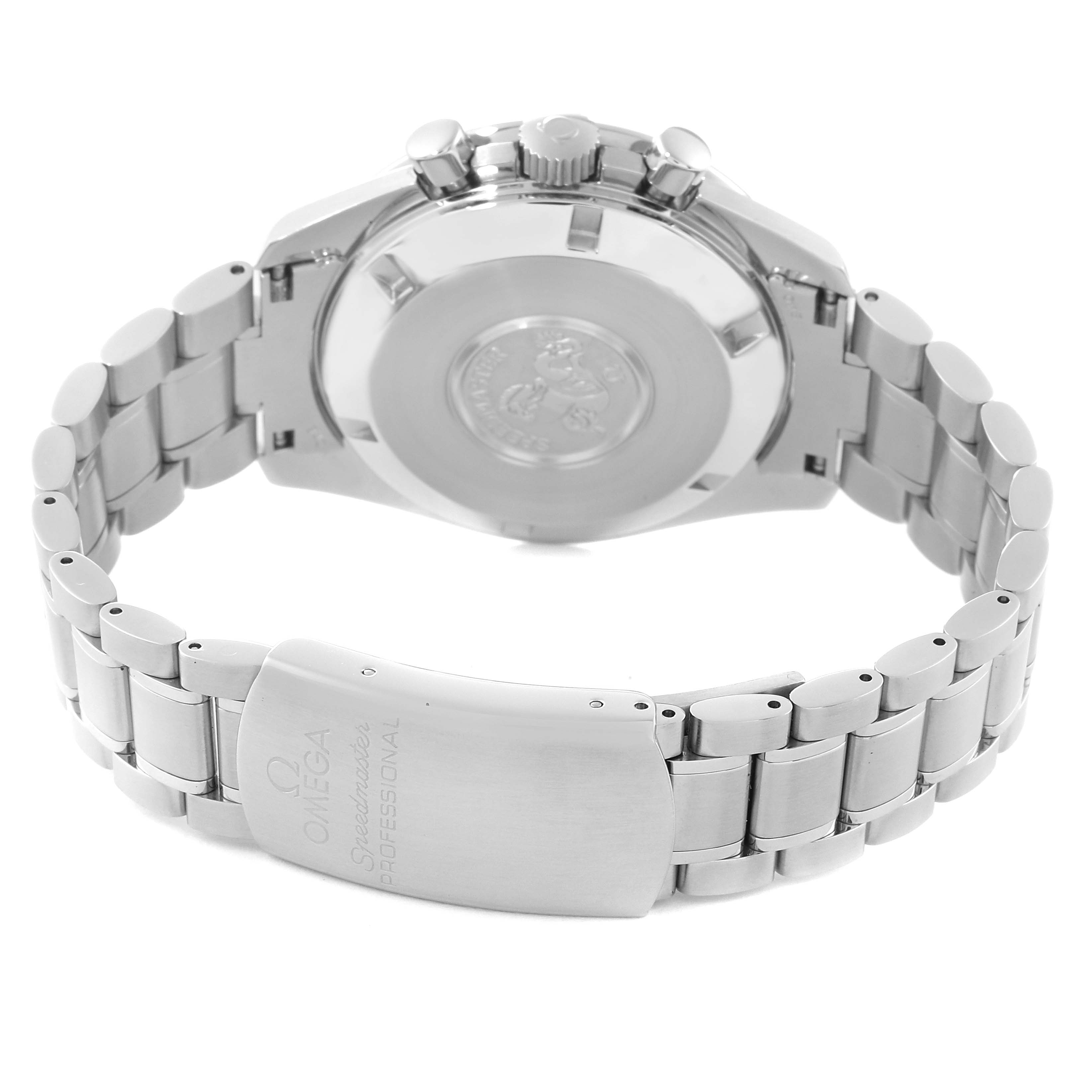 The image shows the back and clasp of an Omega Speedmaster 3594.50.00 Men
s Stainless Steel Black Dial 3594.50.00 Men
s Stainless Steel Black Dial watch, focusing on the bracelet and case back.