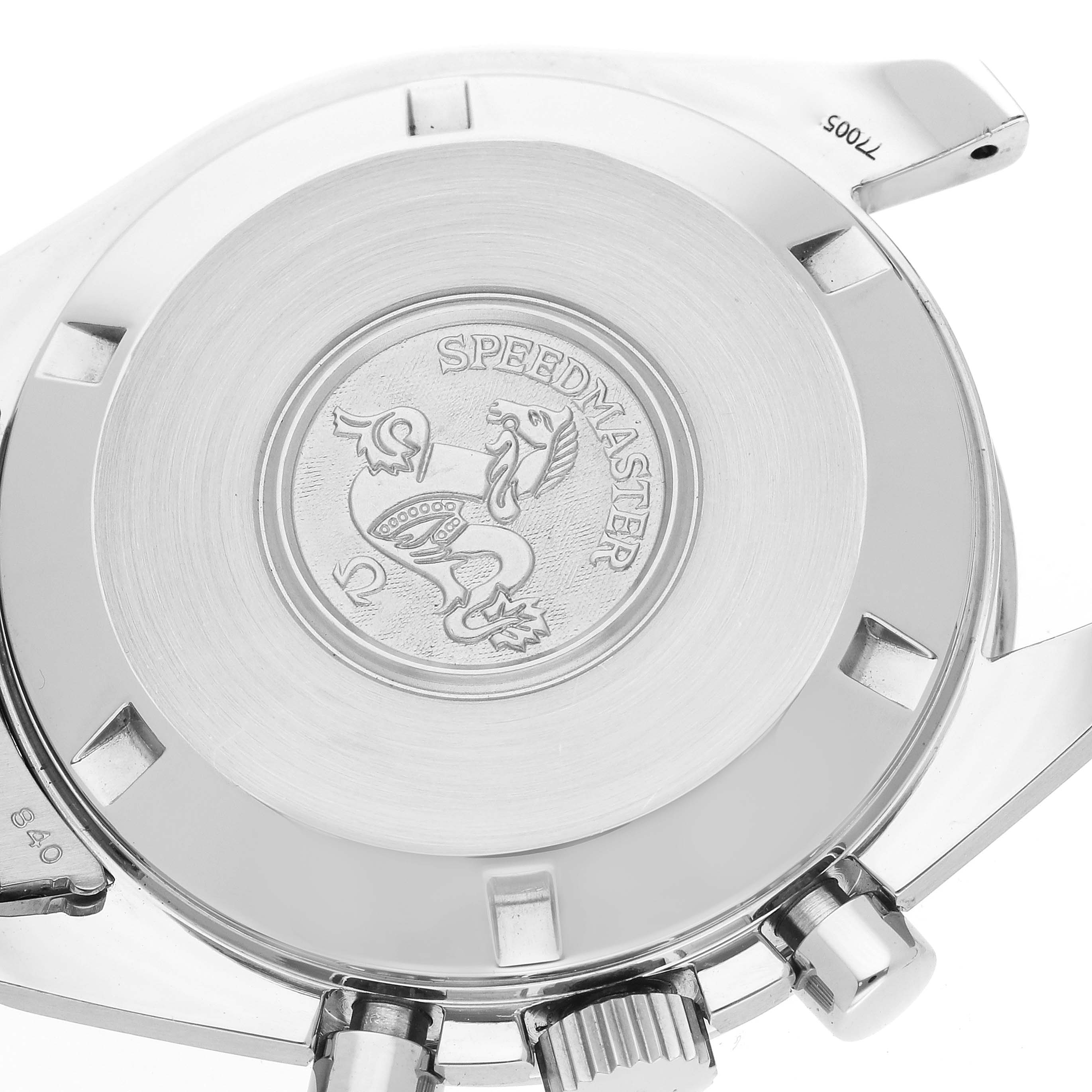 This image shows the case back and partial case sides of the Omega Speedmaster 3594.50.00 Men
s Stainless Steel Black Dial 3594.50.00 Men
s Stainless Steel Black Dial watch, displaying the "Speedmaster" engraving.