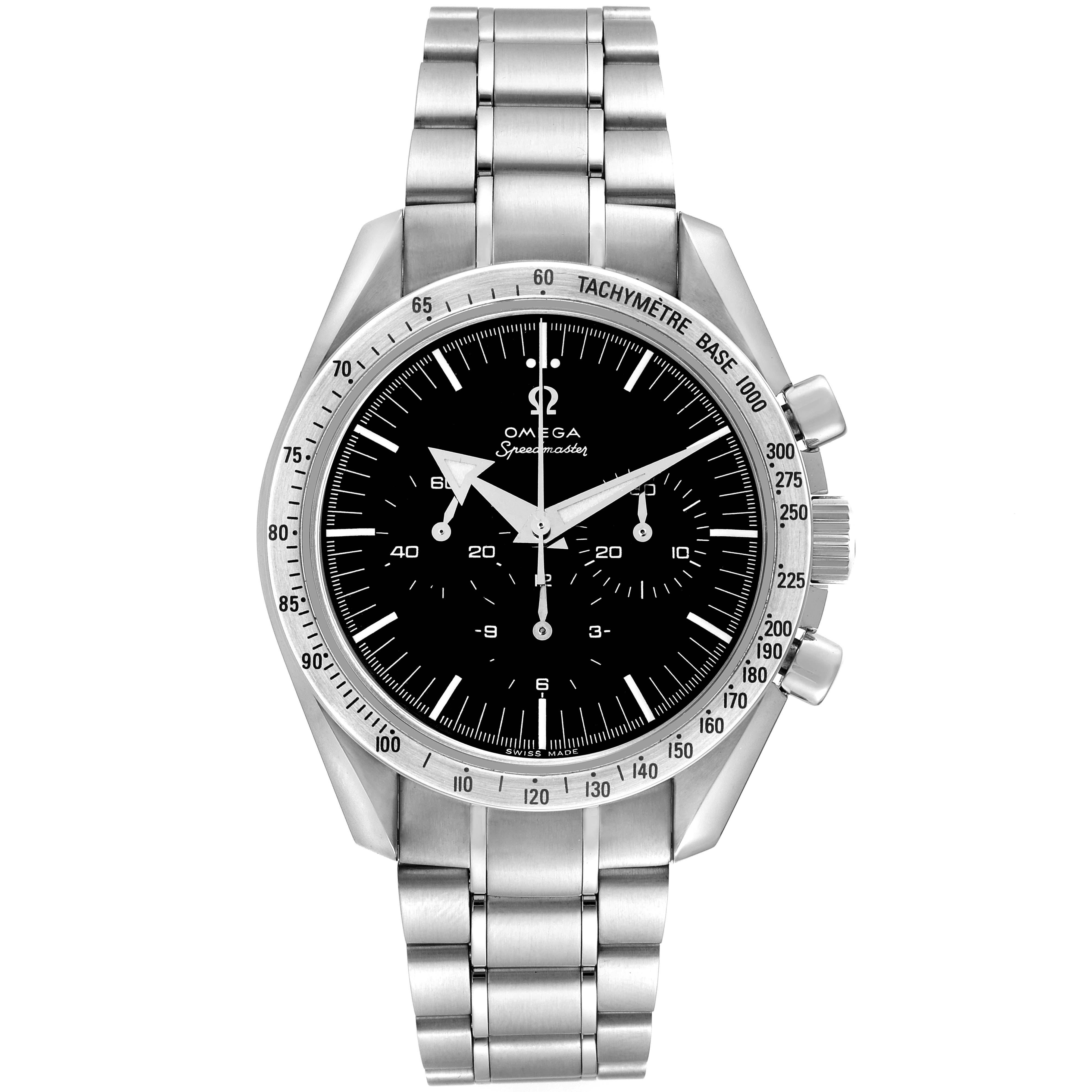 The Omega Speedmaster 3594.50.00 Men
s Stainless Steel Black Dial 3594.50.00 Men
s Stainless Steel Black Dial is shown from the front, highlighting the dial, tachymeter bezel, and stainless steel bracelet.