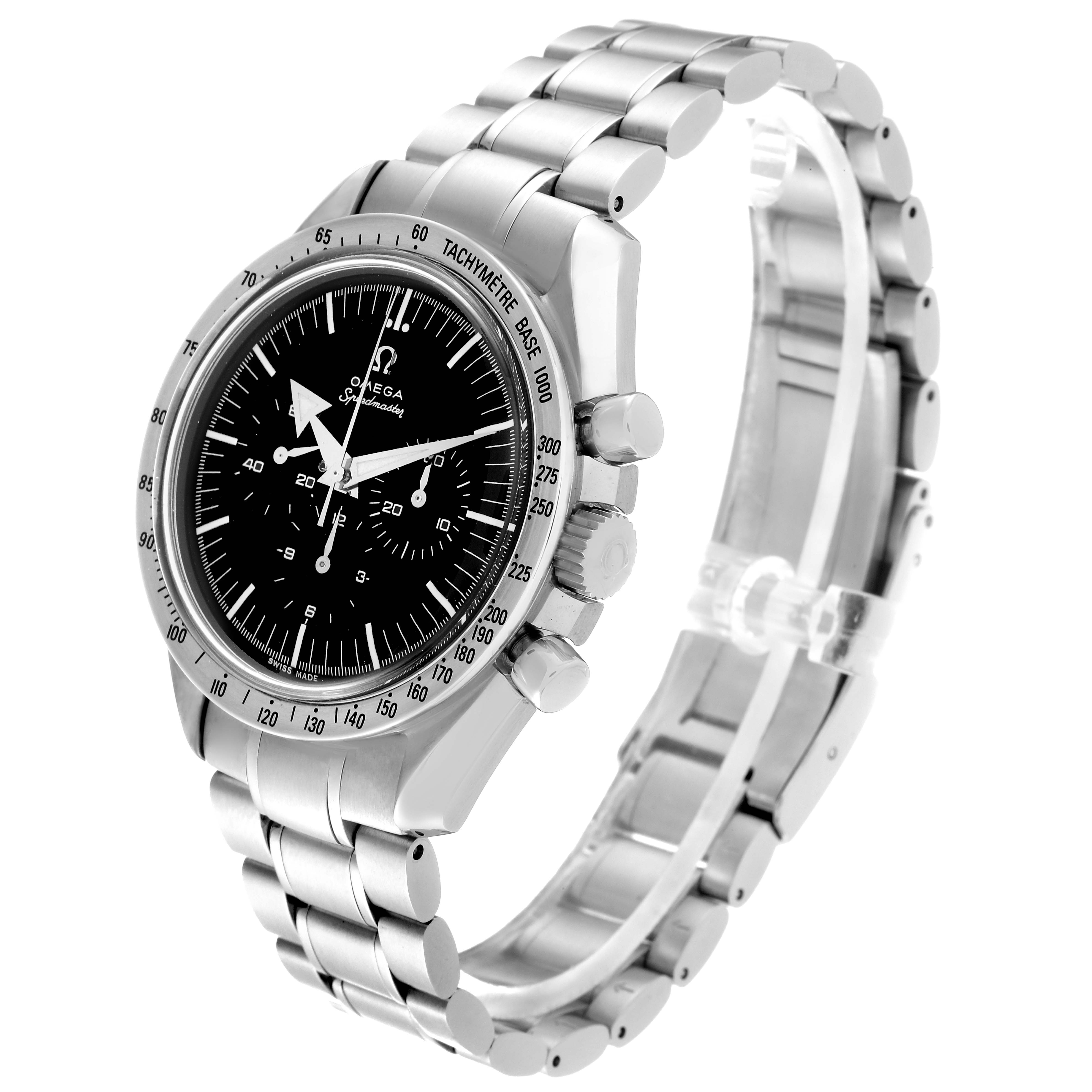 The image shows an angled view of an Omega Speedmaster 3594.50.00 Men
s Stainless Steel Black Dial 3594.50.00 Men
s Stainless Steel Black Dial watch, displaying the face, bezel, crown, pushers, and stainless steel bracelet.