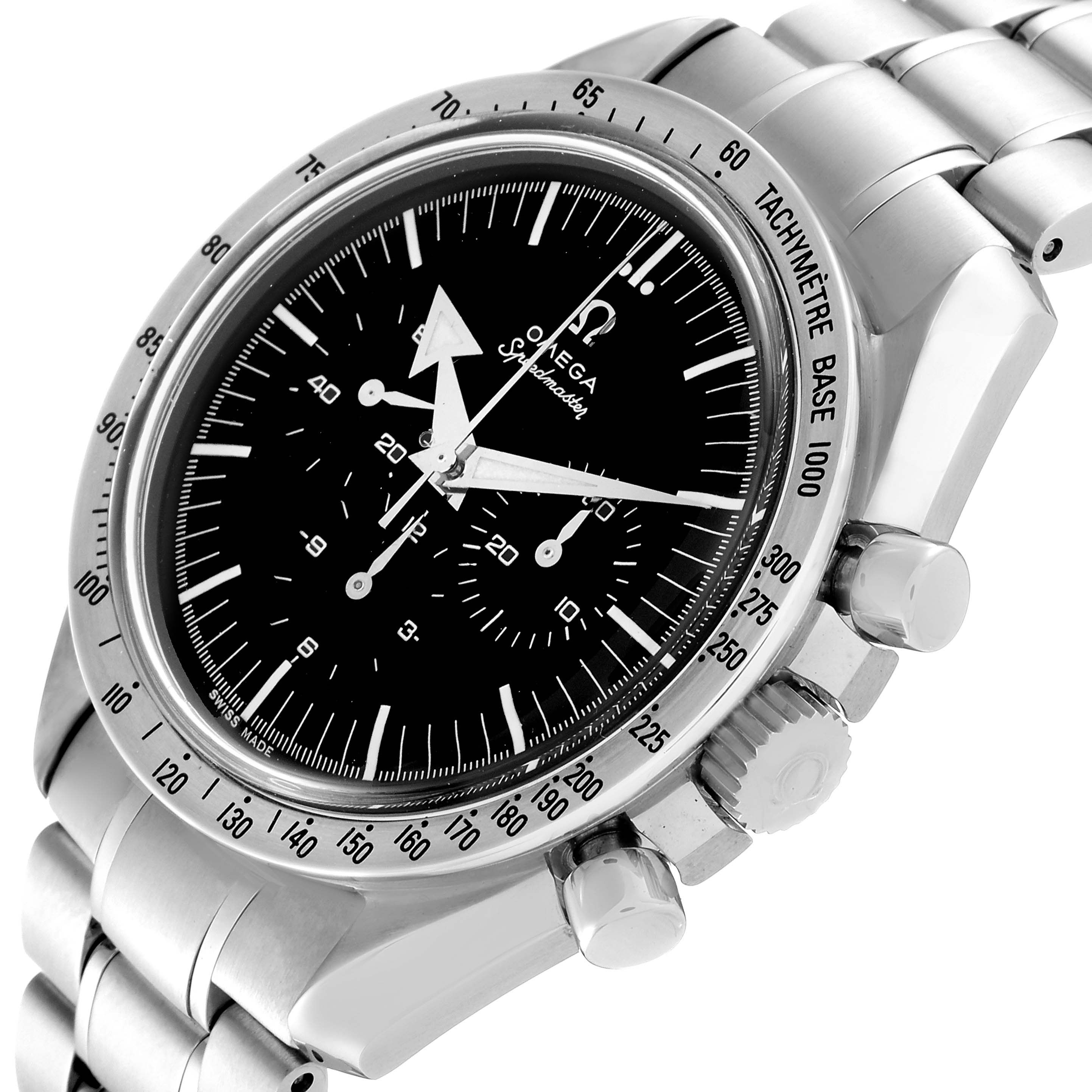 The image shows an Omega Speedmaster 3594.50.00 Men
s Stainless Steel Black Dial 3594.50.00 Men
s Stainless Steel Black Dial watch at a three-quarter angle, displaying the dial, bezel, crown, and stainless steel bracelet.