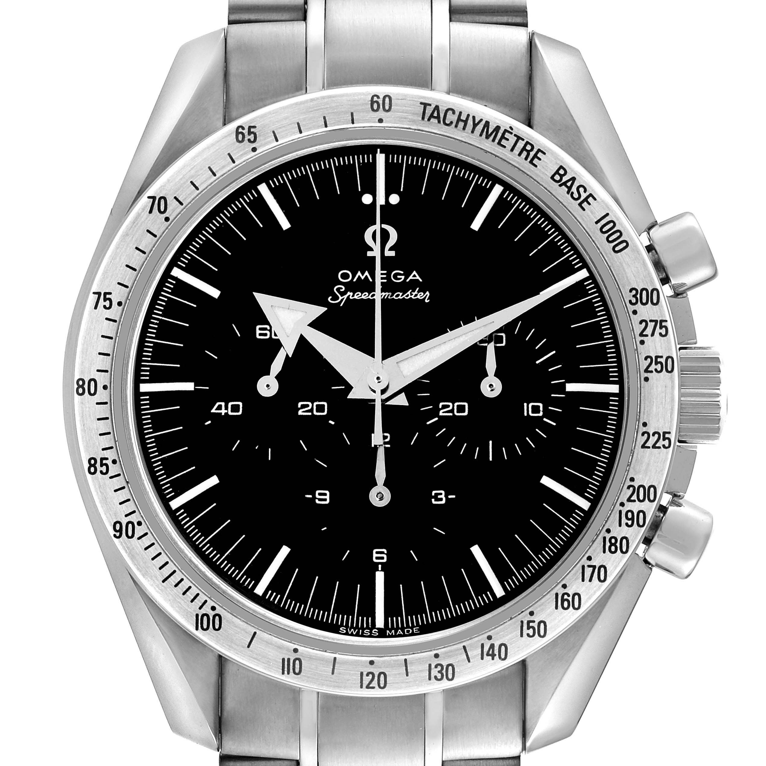 The Omega Speedmaster 3594.50.00 Men
s Stainless Steel Black Dial 3594.50.00 Men
s Stainless Steel Black Dial watch is shown from a front view, displaying the dial, tachymeter bezel, and pushers.