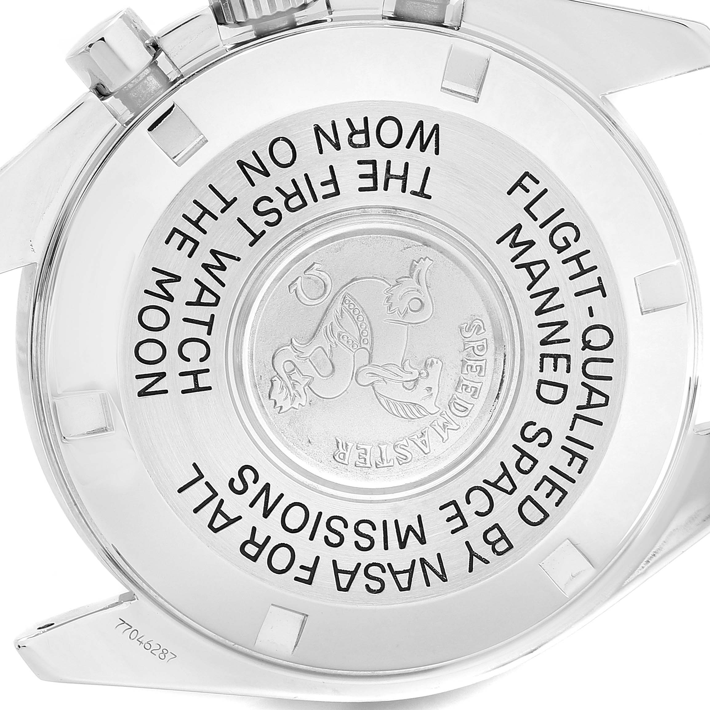 The image shows the engraved case back of the Omega Speedmaster 3570.50.00 Men's Stainless Steel Black Dial 3570.50.00 Men's Stainless Steel Black Dial watch, featuring text and logos.