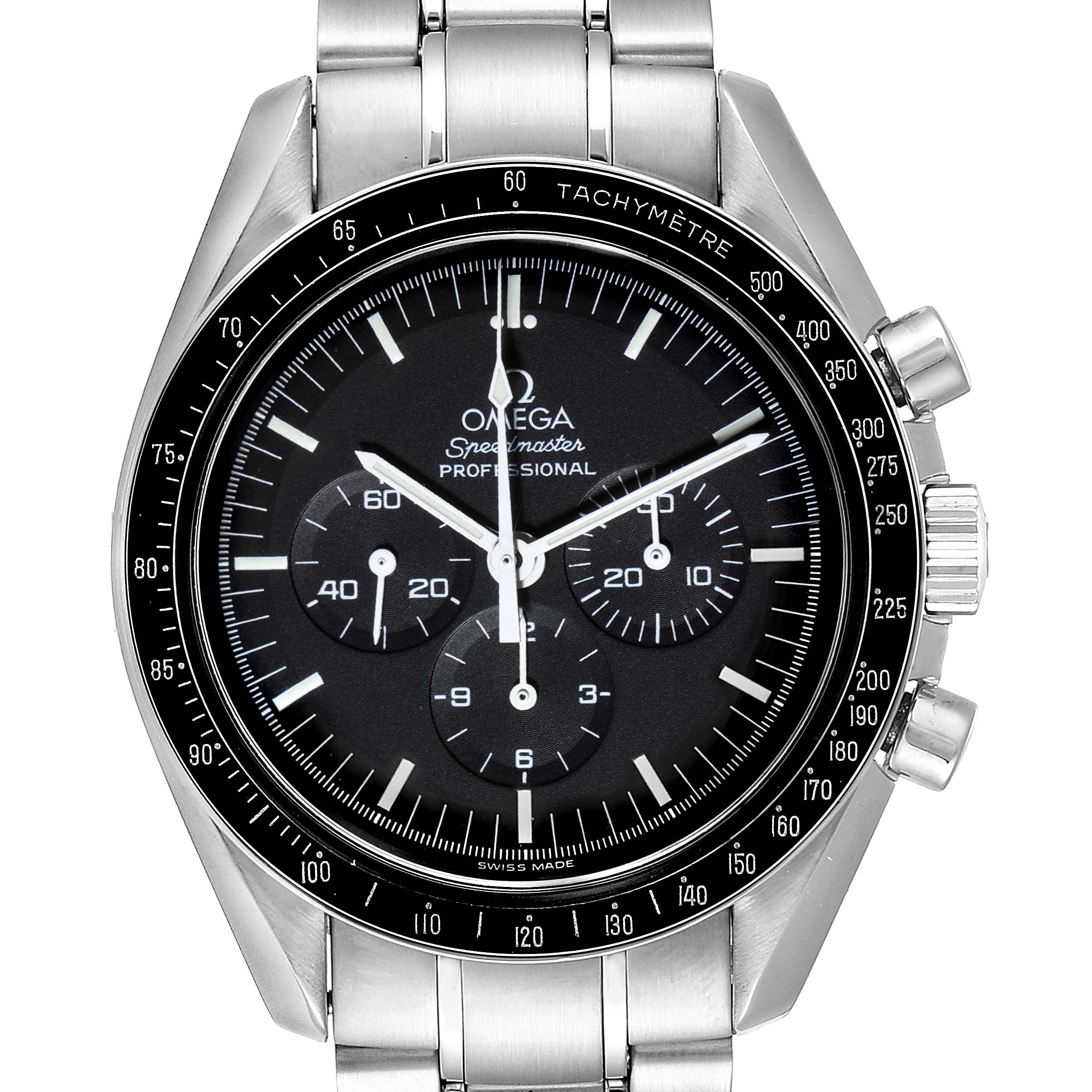 The image shows a front view of an Omega Speedmaster 3570.50.00 Men's Stainless Steel Black Dial 3570.50.00 Men's Stainless Steel Black Dial watch, displaying its bezel, dial, chronograph subdials, and stainless steel bracelet.
