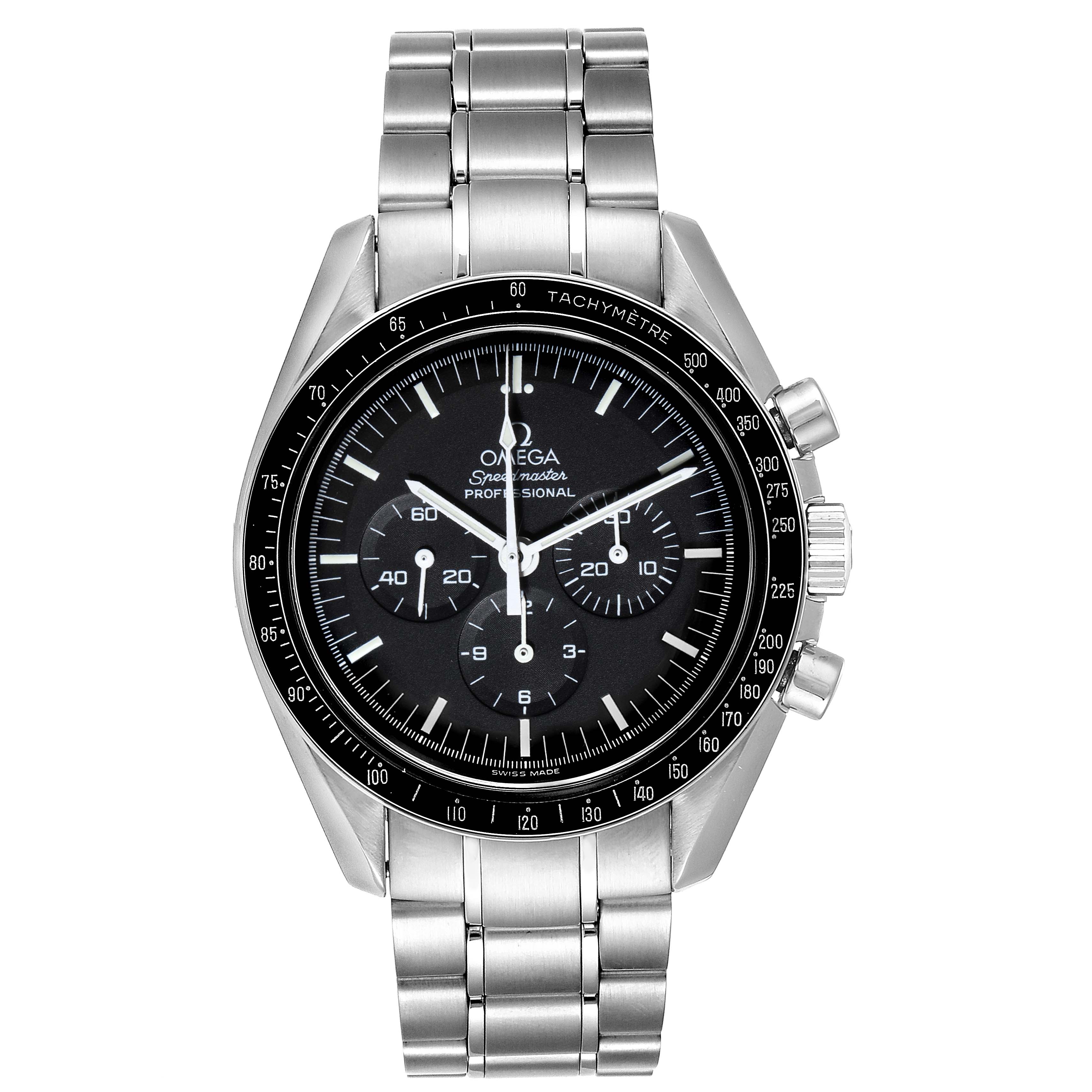 The Omega Speedmaster 3570.50.00 Men's Stainless Steel Black Dial 3570.50.00 Men's Stainless Steel Black Dial watch is shown from a front angle, displaying its black dial, tachymeter bezel, and metal bracelet.