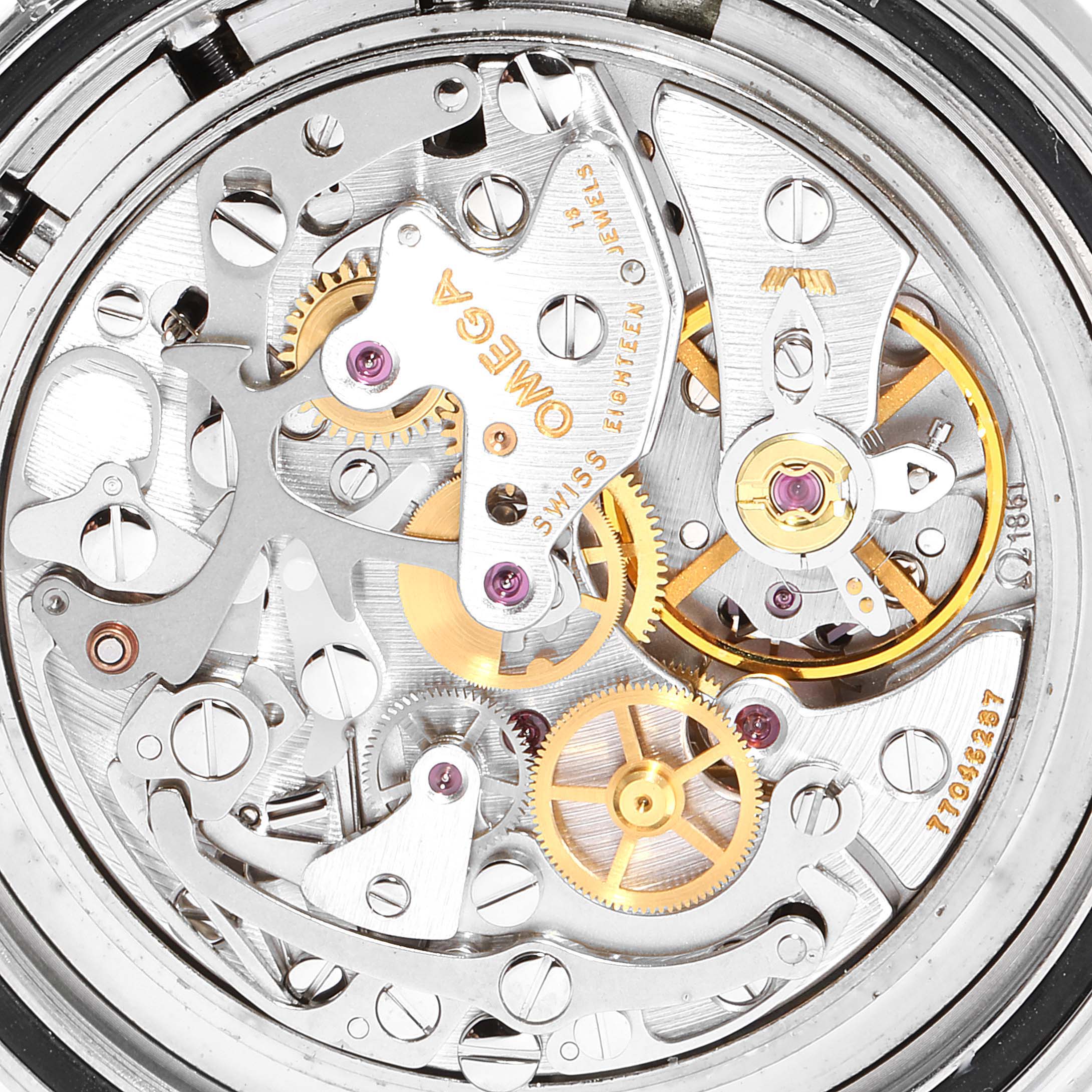 This image shows the intricate internal movement parts of an Omega Speedmaster 3570.50.00 Men's Stainless Steel Black Dial 3570.50.00 Men's Stainless Steel Black Dial watch from a rear, transparent case back angle.