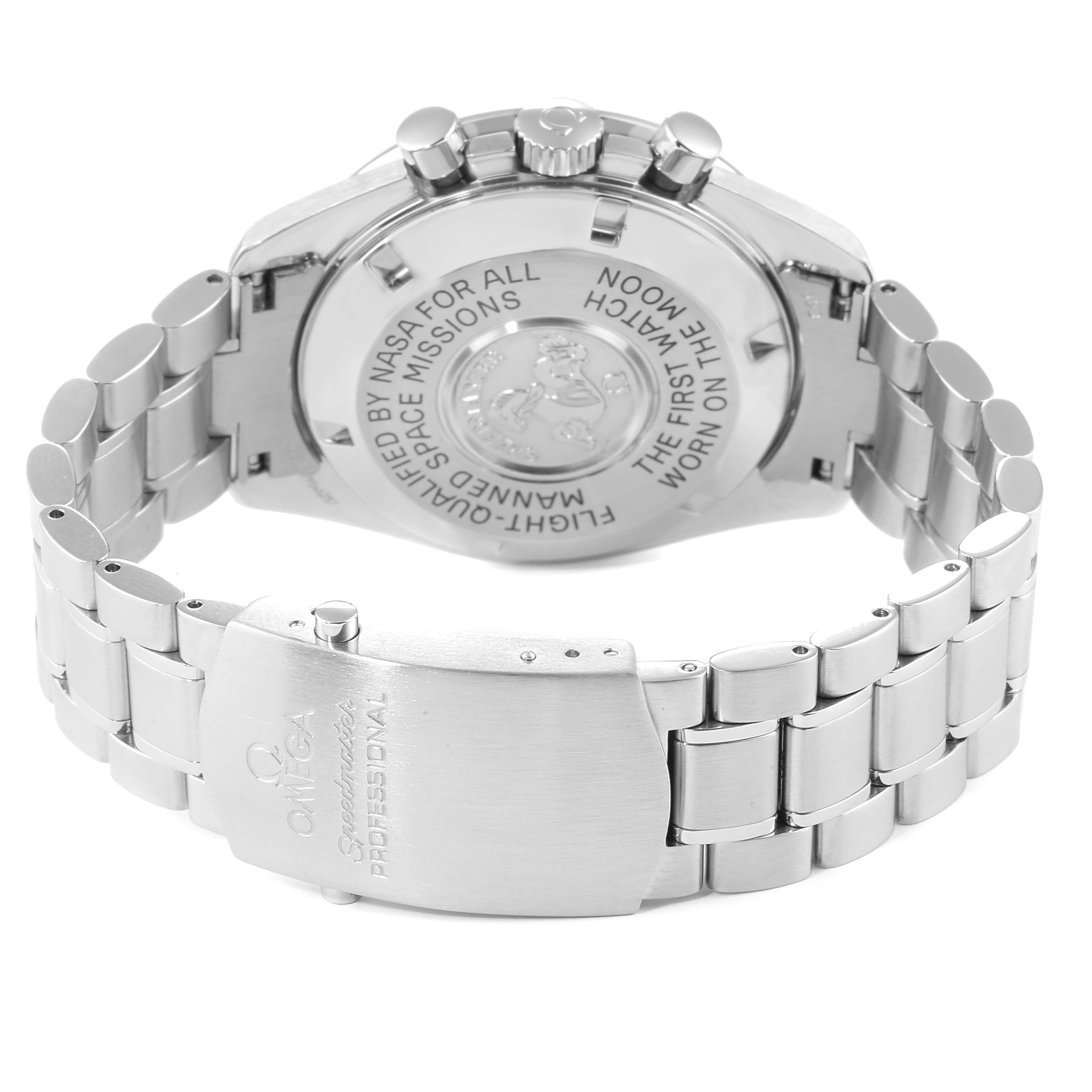 The image shows the back view of an Omega Speedmaster 3570.50.00 Men's Stainless Steel Black Dial 3570.50.00 Men's Stainless Steel Black Dial watch, highlighting the clasp and the engraved case back.