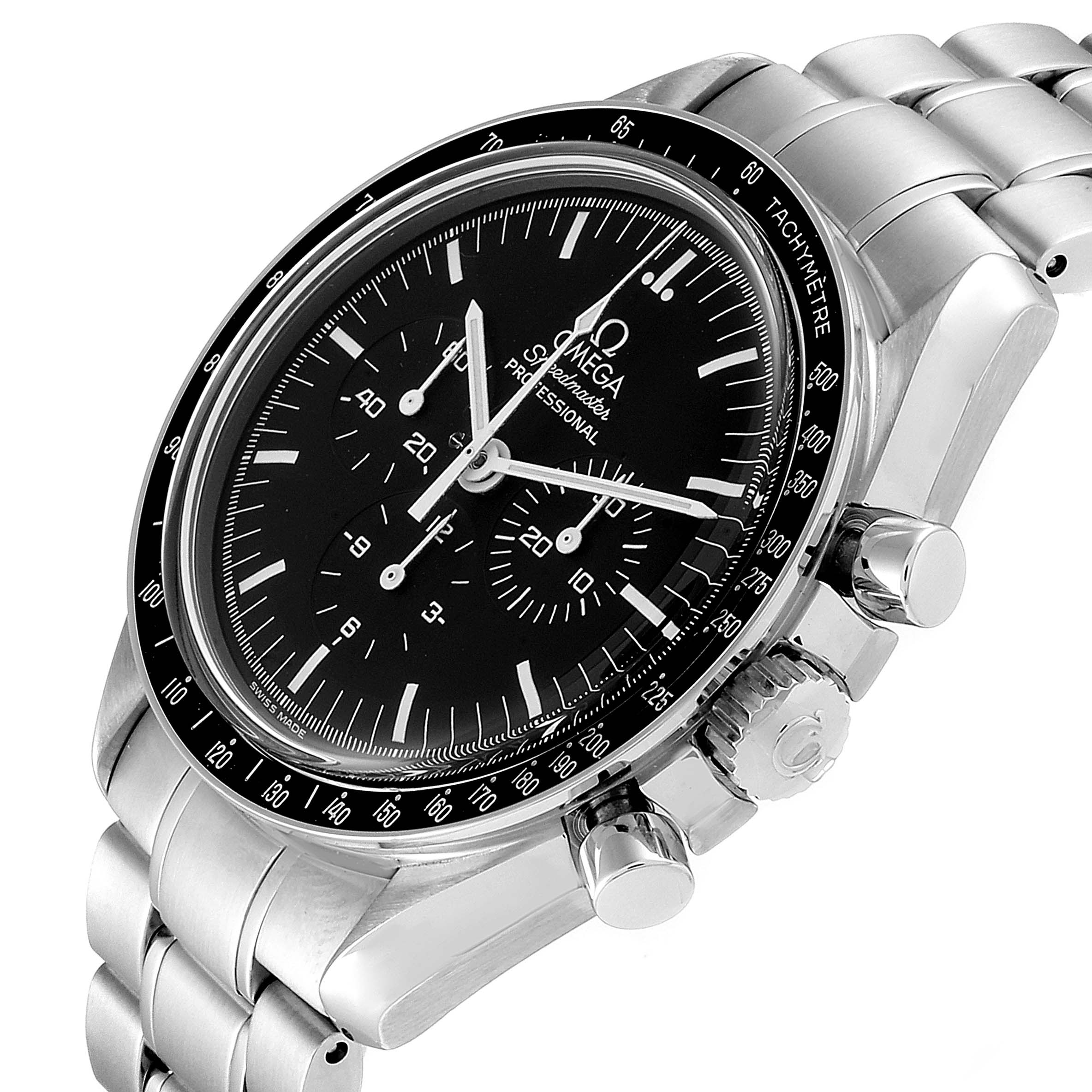 The image shows an Omega Speedmaster 3570.50.00 Men's Stainless Steel Black Dial 3570.50.00 Men's Stainless Steel Black Dial watch at an angle highlighting the dial, tachymeter bezel, and part of the stainless steel bracelet.