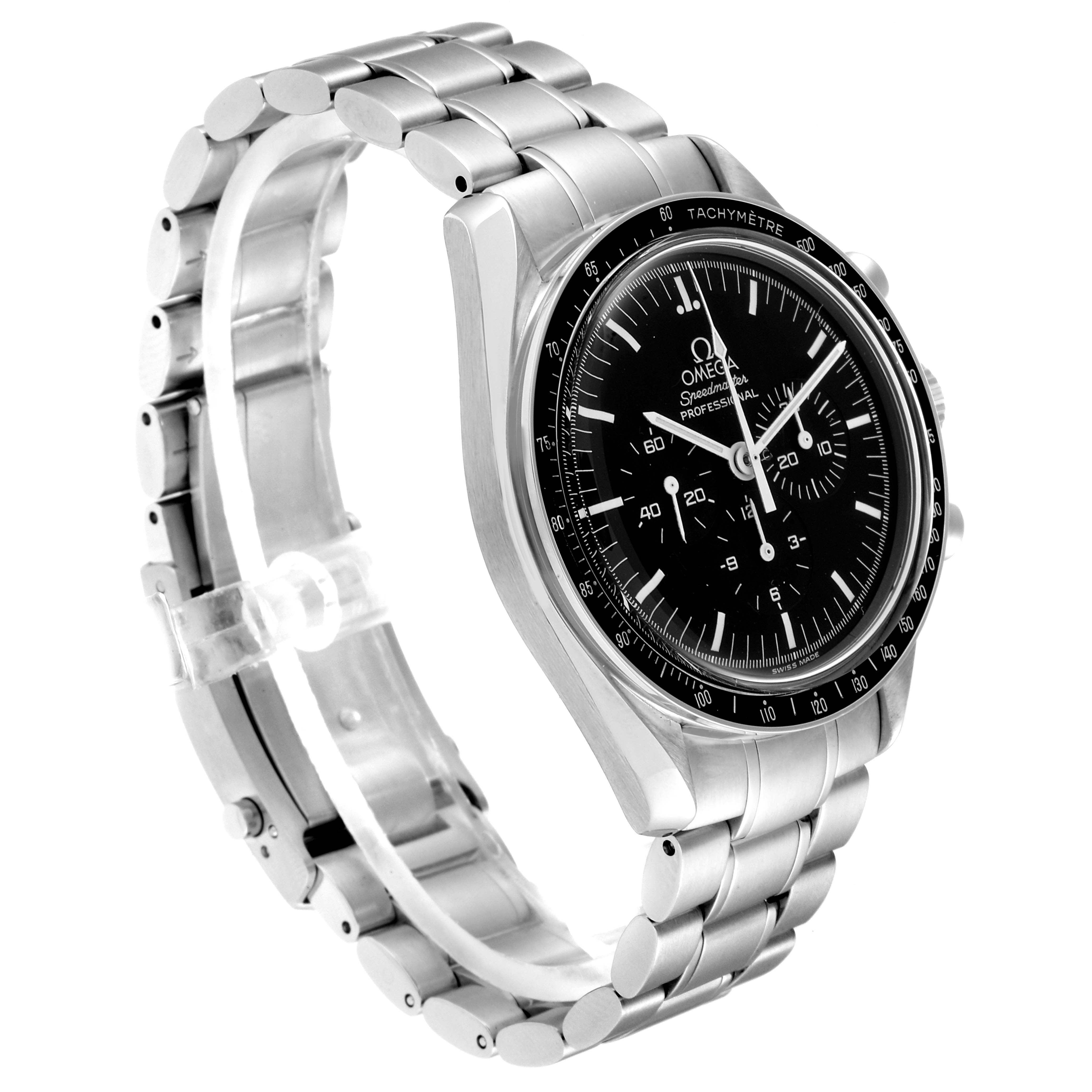 This image shows an Omega Speedmaster 3570.50.00 Men's Stainless Steel Black Dial 3570.50.00 Men's Stainless Steel Black Dial watch from a three-quarter view, highlighting the dial, bezel, and bracelet.