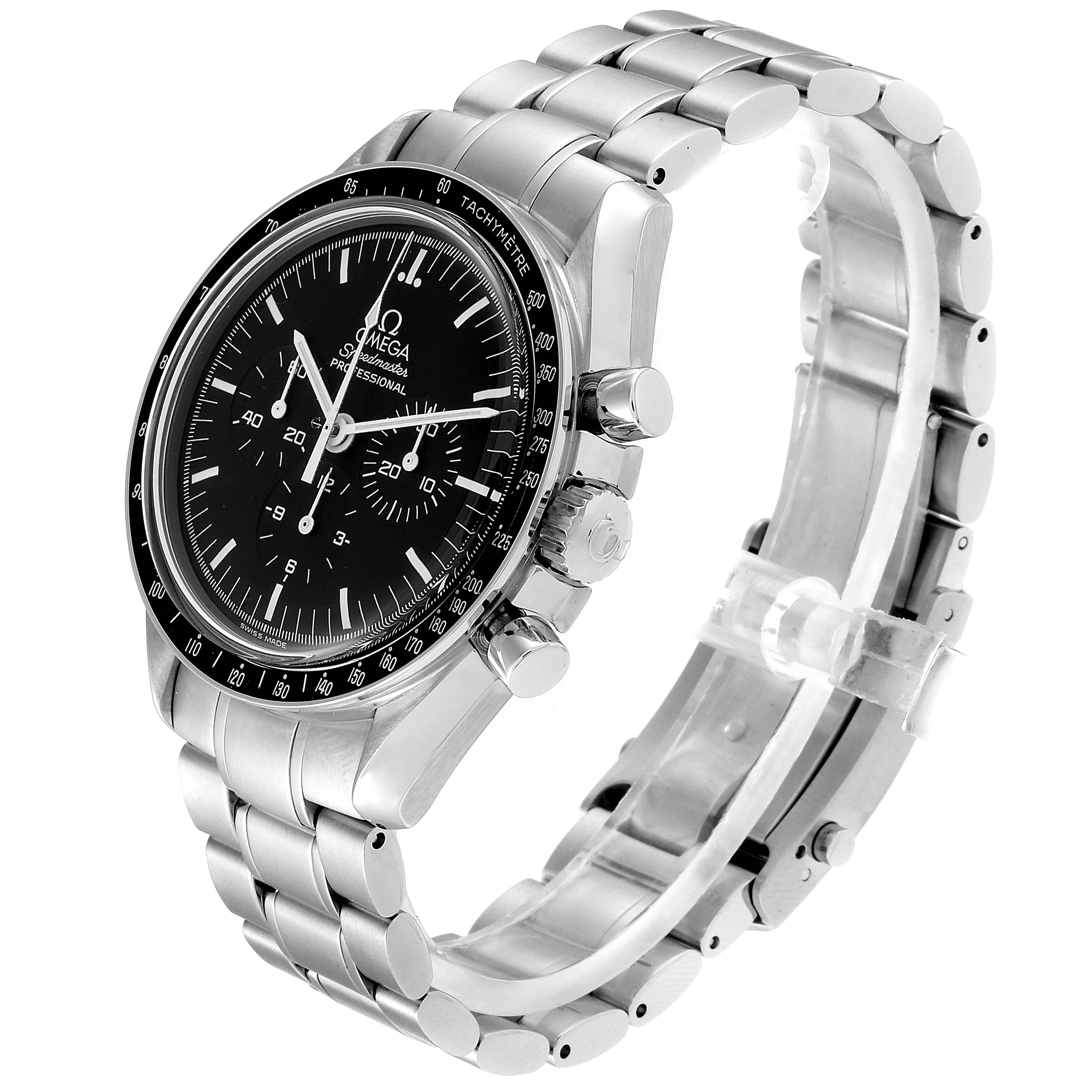 The Omega Speedmaster 3570.50.00 Men's Stainless Steel Black Dial 3570.50.00 Men's Stainless Steel Black Dial watch is shown at a slight angle, highlighting its face, bezel, crown, pushers, and metal bracelet.