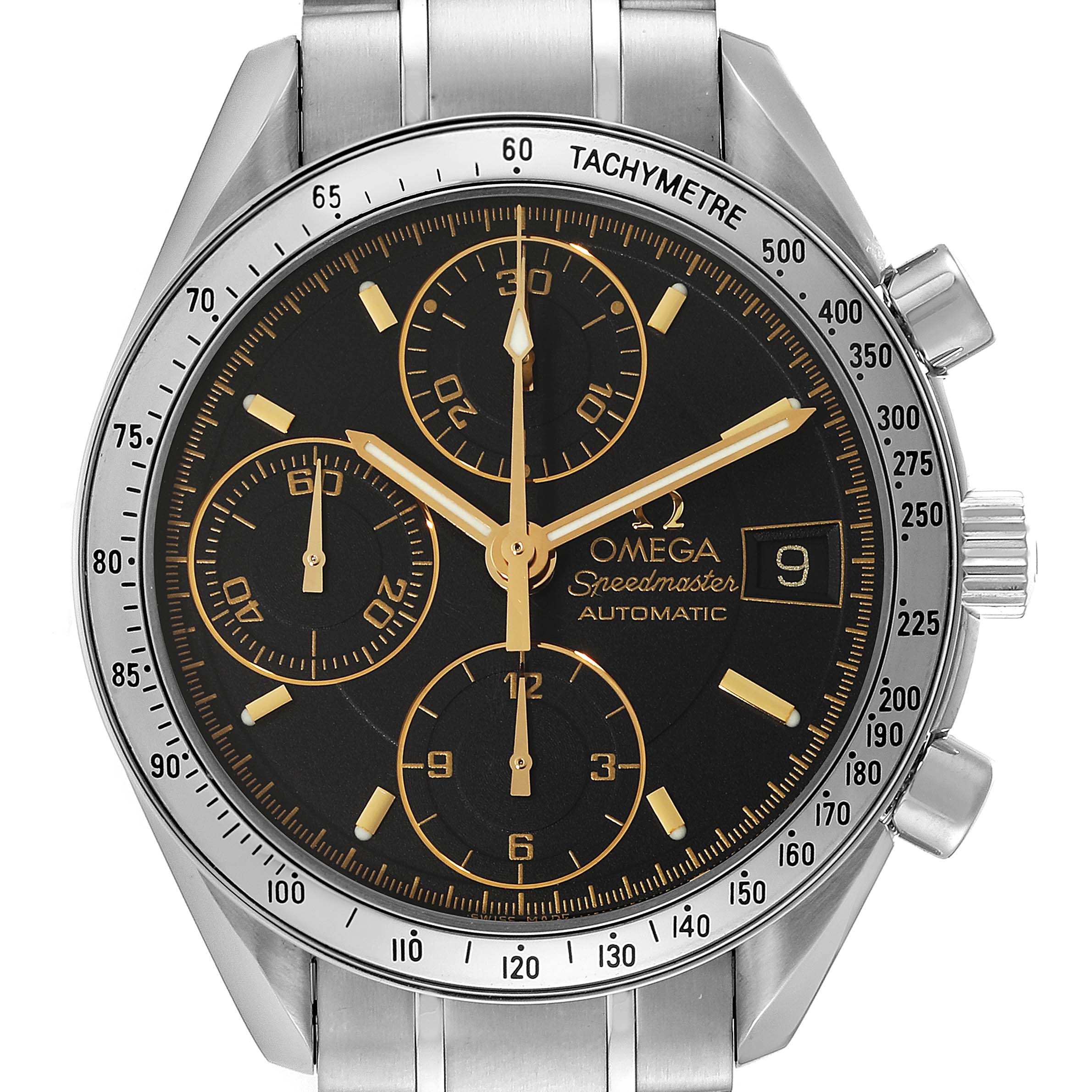The image shows a frontal view of the Omega Speedmaster 3513.54.00 Men
s Stainless Steel Black Dial 3513.54.00 Men
s Stainless Steel Black Dial watch, featuring its dial, chronograph subdials, and tachymeter bezel.