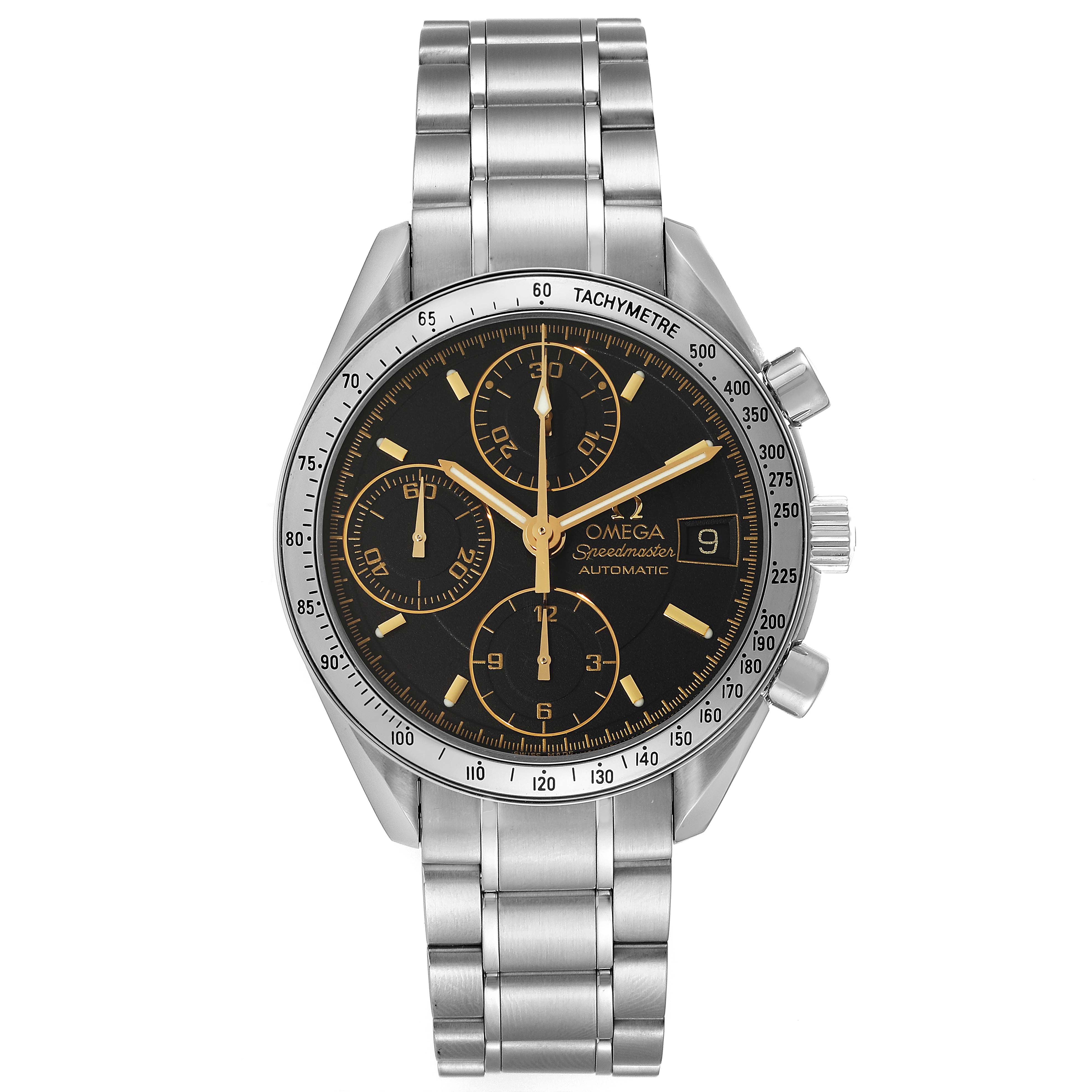 The image shows a front view of the Omega Speedmaster 3513.54.00 Men
s Stainless Steel Black Dial 3513.54.00 Men
s Stainless Steel Black Dial watch, displaying the face, bezel, crown, pushers, and metal bracelet.