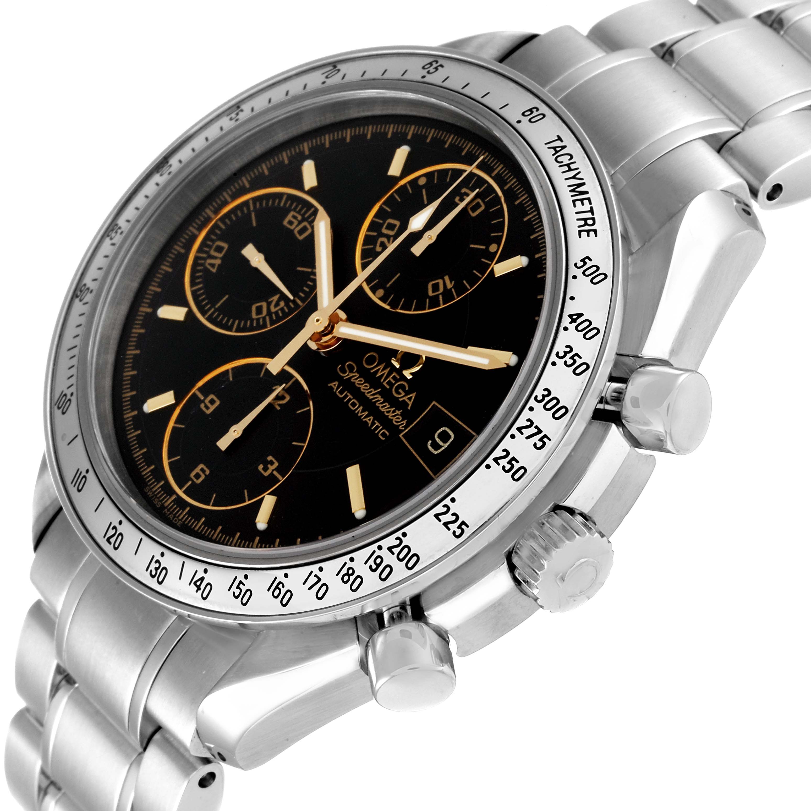 The image shows an angled view of the Omega Speedmaster 3513.54.00 Men
s Stainless Steel Black Dial 3513.54.00 Men
s Stainless Steel Black Dial watch, highlighting the dial, crown, pushers, and bracelet.