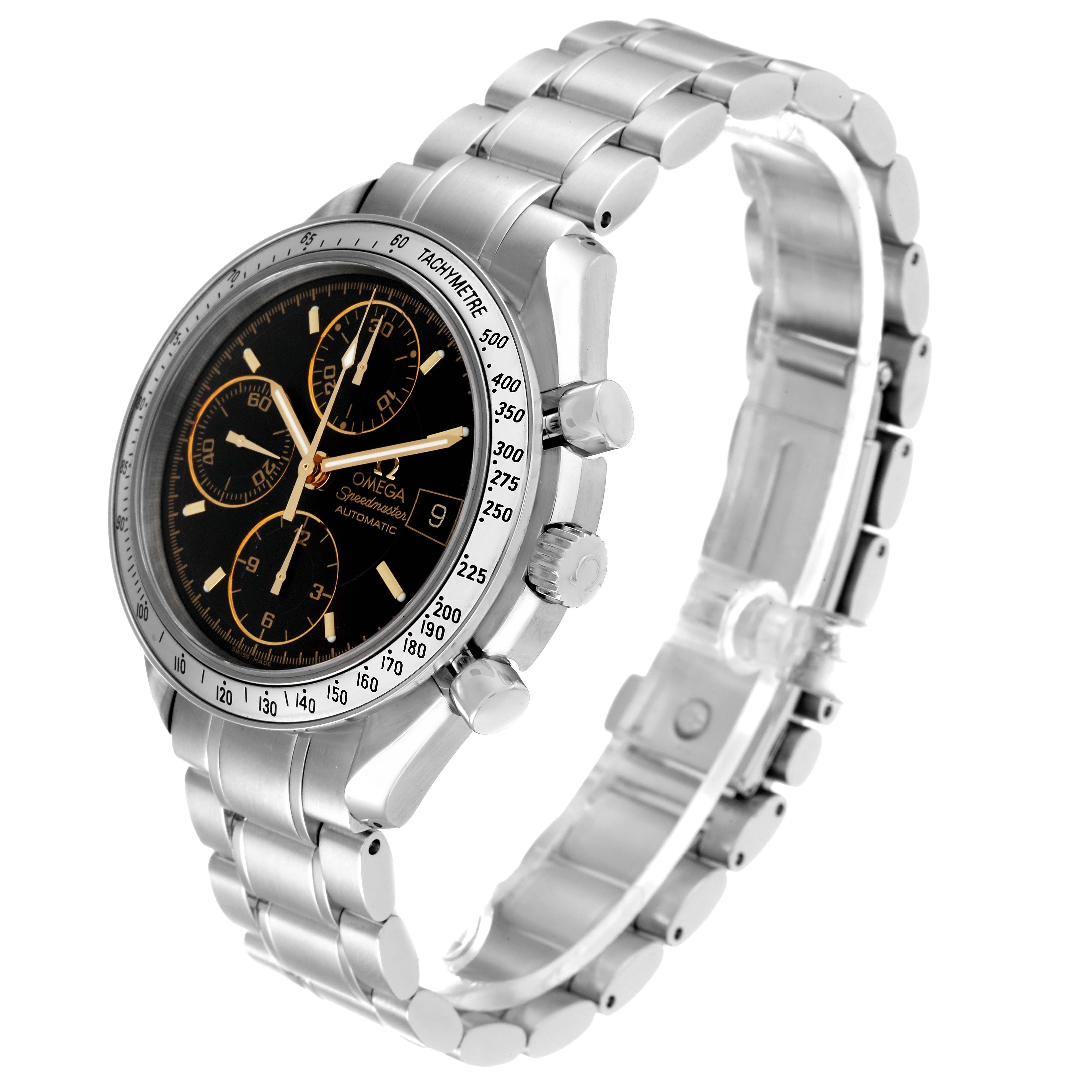 The image shows an angled view of the Omega Speedmaster 3513.54.00 Men
s Stainless Steel Black Dial 3513.54.00 Men
s Stainless Steel Black Dial watch, highlighting its face, bezel, crown, pushers, and bracelet.