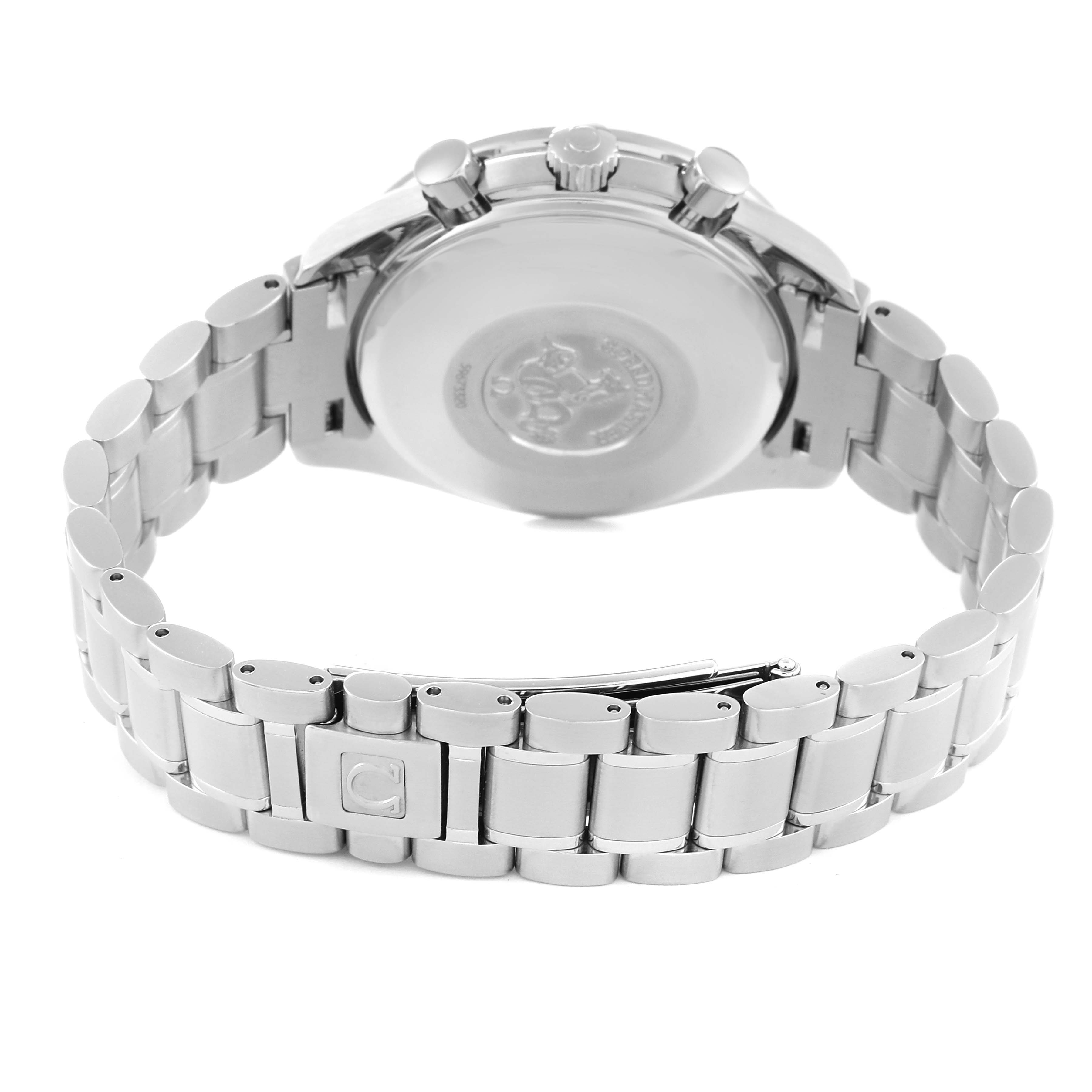 This image shows the back and clasp of the Omega Speedmaster 3513.54.00 Men
s Stainless Steel Black Dial 3513.54.00 Men
s Stainless Steel Black Dial watch with a stainless steel bracelet.