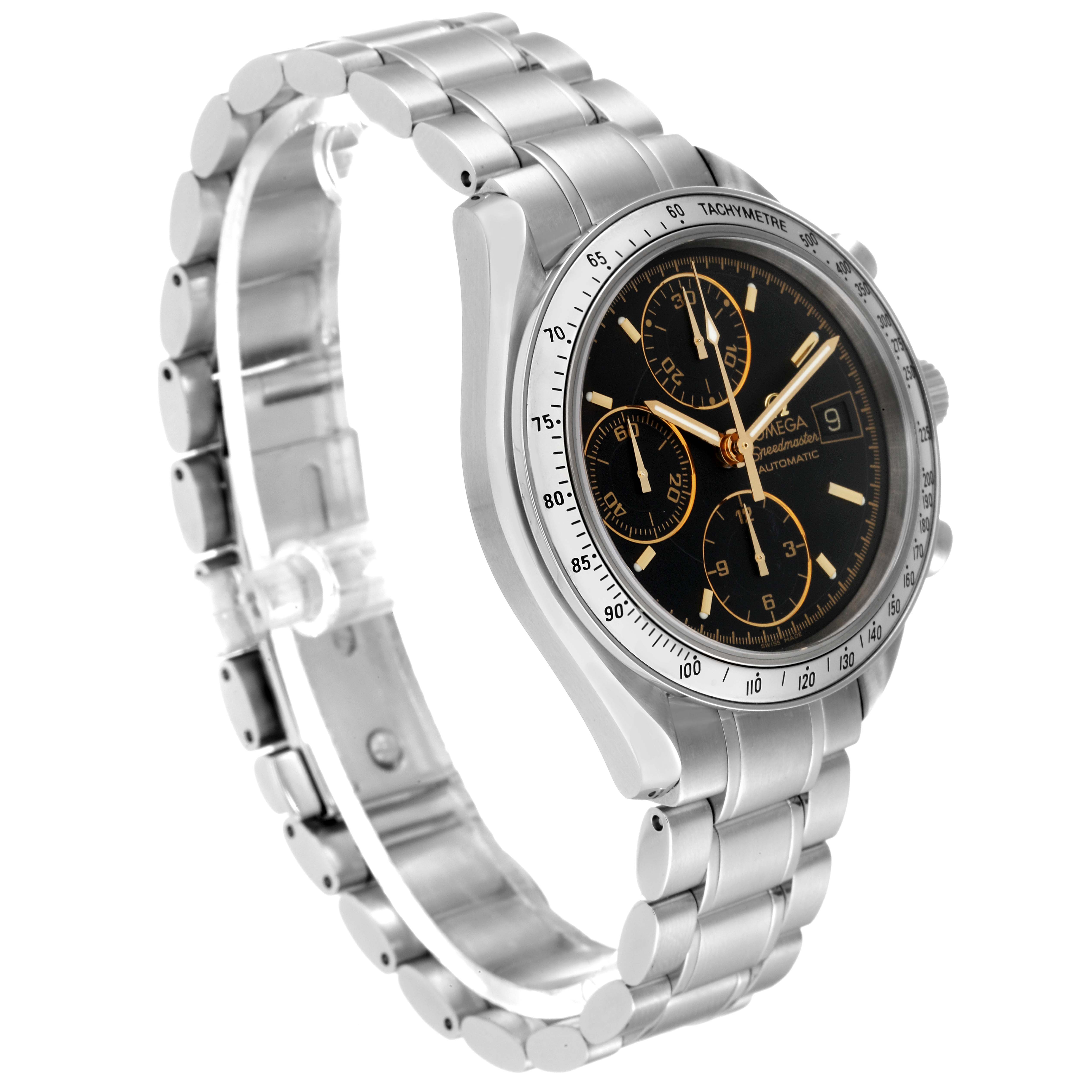 The Omega Speedmaster 3513.54.00 Men
s Stainless Steel Black Dial 3513.54.00 Men
s Stainless Steel Black Dial watch is shown at an angled side view, highlighting the stainless steel case, bracelet, and black dial with subdials.