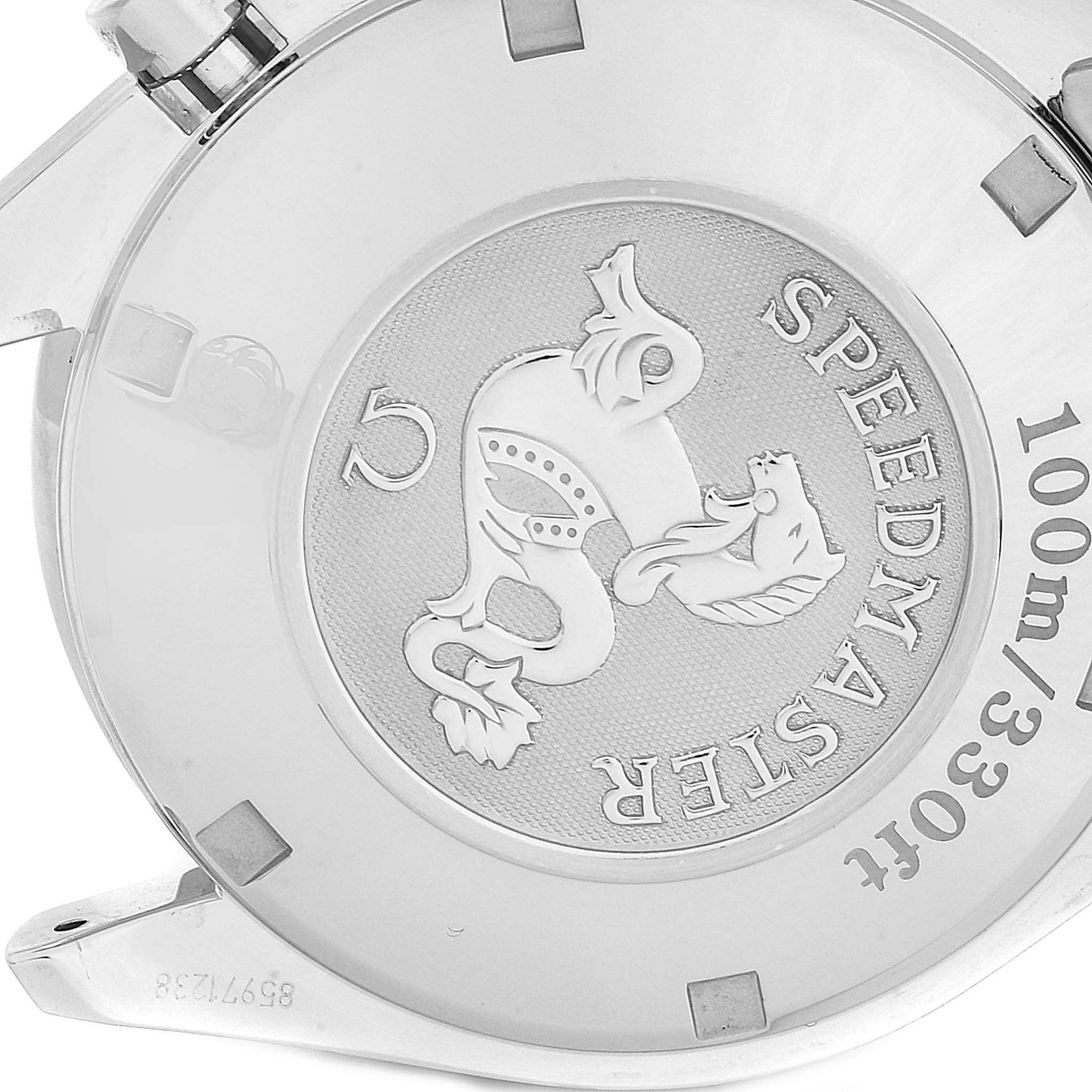 The image shows the back case of an Omega Speedmaster 323.30.40.40.04.001 Men's Stainless Steel White Dial 323.30.40.40.04.001 Men's Stainless Steel White Dial watch with the brand logo and water resistance details.