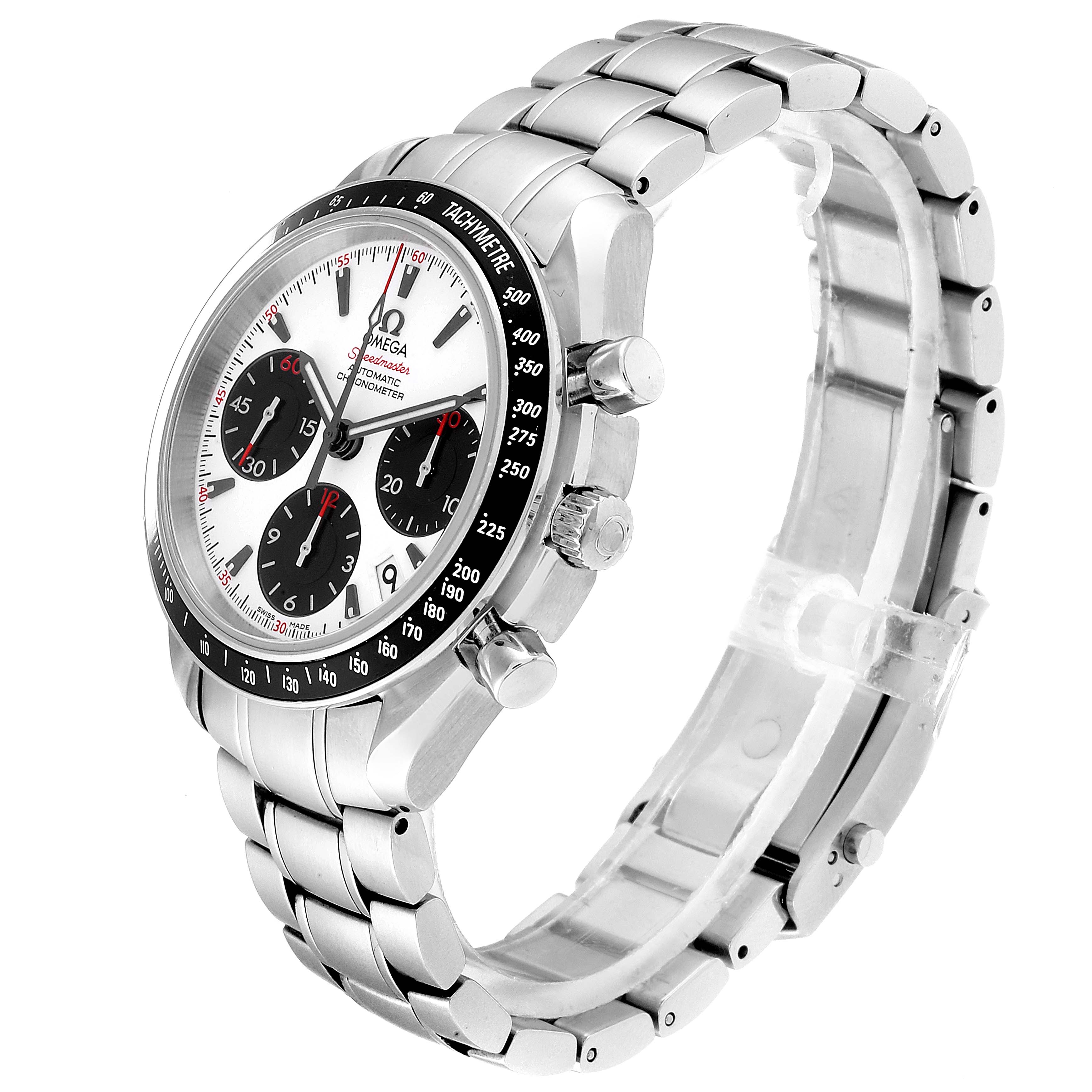 This image shows an Omega Speedmaster 323.30.40.40.04.001 Men's Stainless Steel White Dial 323.30.40.40.04.001 Men's Stainless Steel White Dial watch from a side angle, highlighting the face, bezel, crown, pushers, and bracelet.