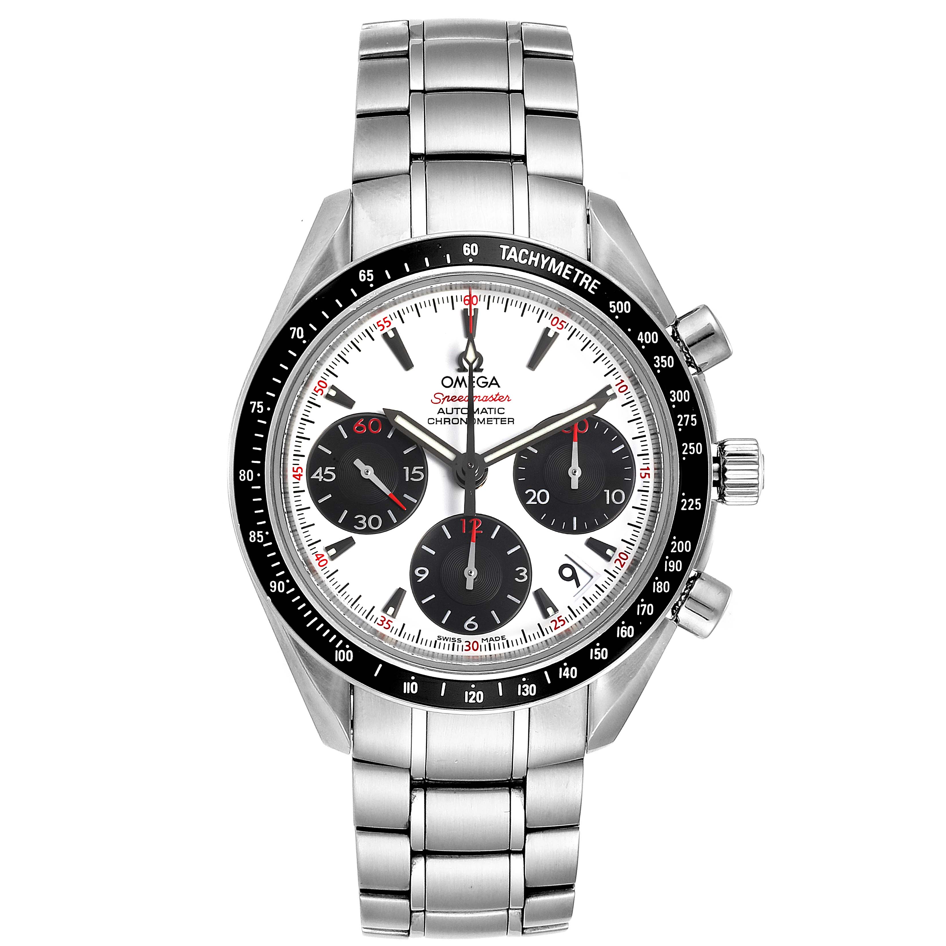 The image shows a front view of an Omega Speedmaster 323.30.40.40.04.001 Men's Stainless Steel White Dial 323.30.40.40.04.001 Men's Stainless Steel White Dial watch, displaying its face, tachymeter bezel, and stainless steel bracelet.