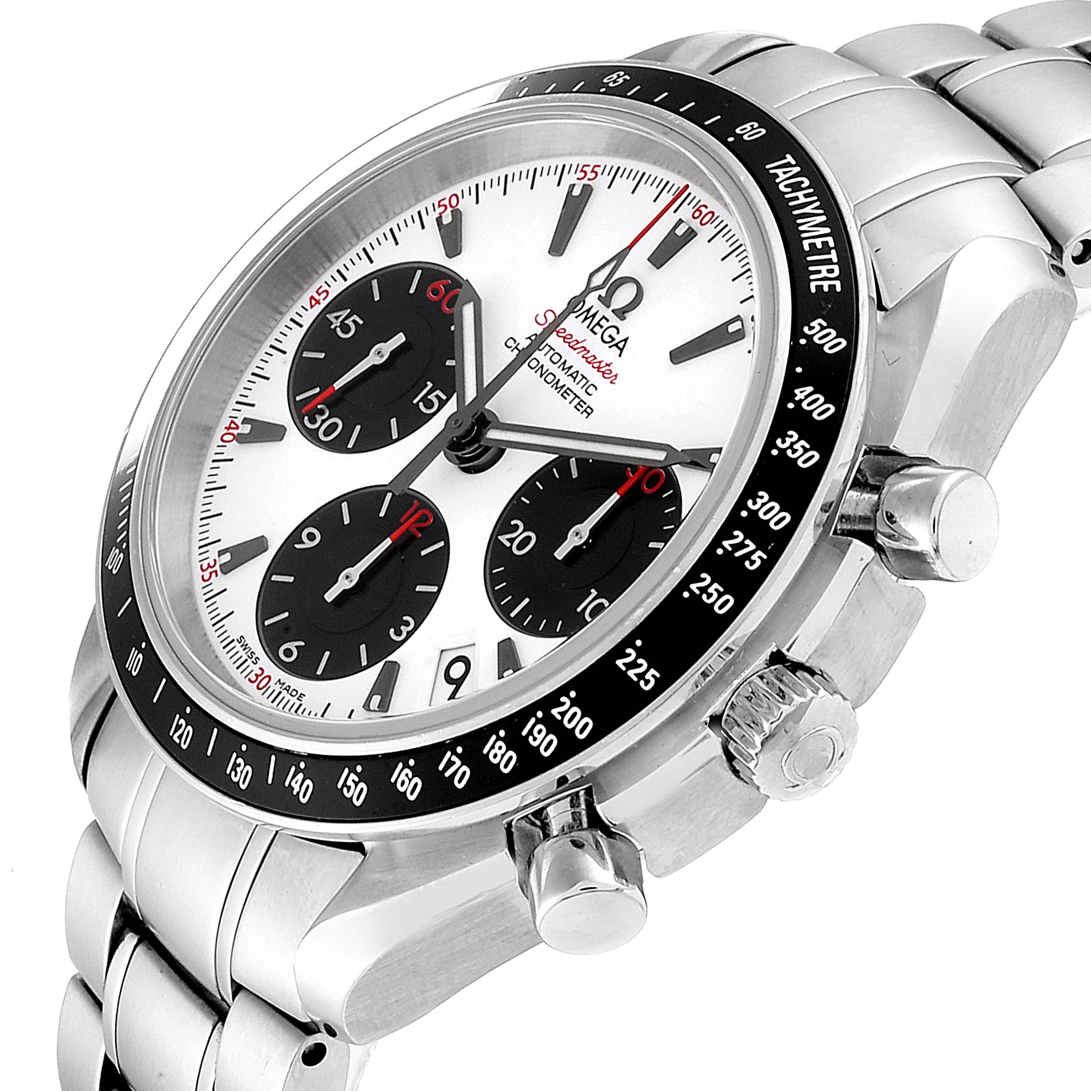 The image shows an angled view of an Omega Speedmaster 323.30.40.40.04.001 Men's Stainless Steel White Dial 323.30.40.40.04.001 Men's Stainless Steel White Dial watch, highlighting its dial, tachymeter bezel, and three subdials.