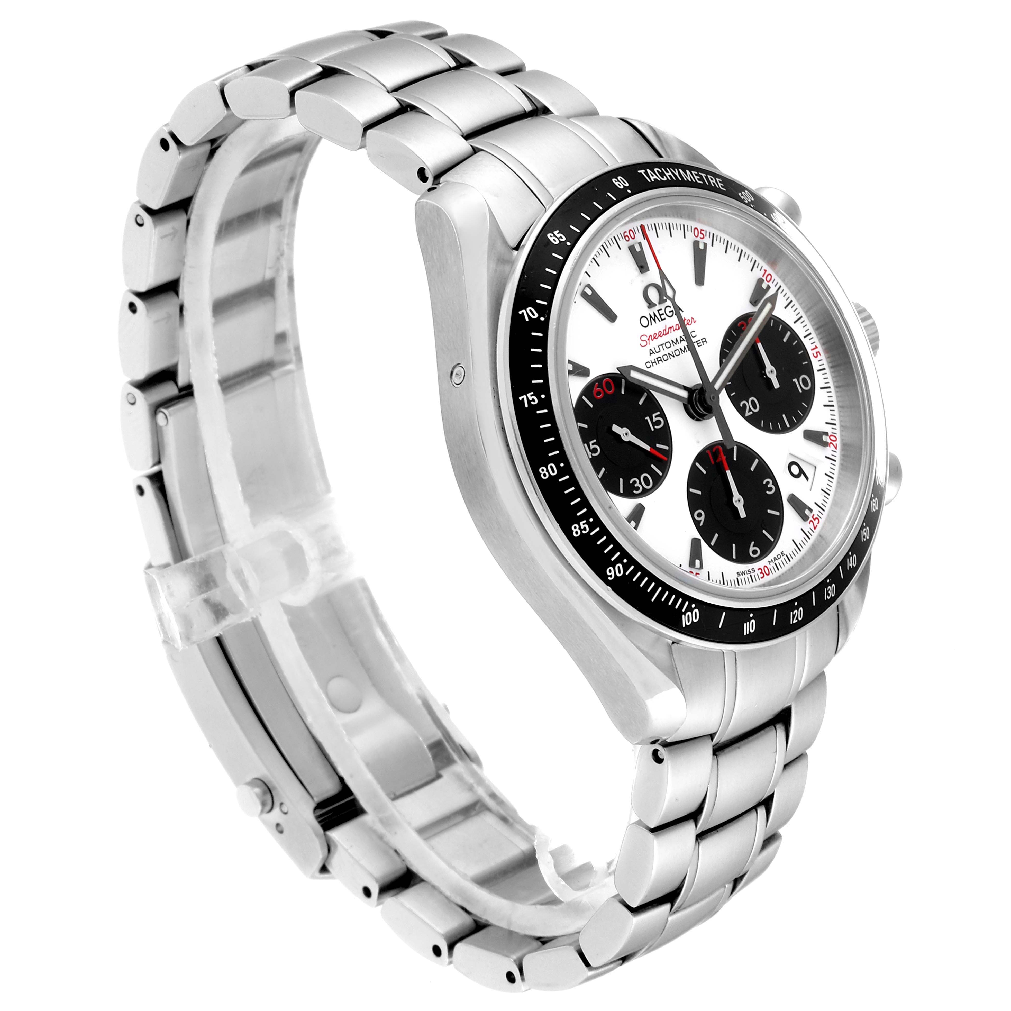 The image shows an angled side view of an Omega Speedmaster 323.30.40.40.04.001 Men's Stainless Steel White Dial 323.30.40.40.04.001 Men's Stainless Steel White Dial watch, showcasing its stainless steel bracelet, case, and chronograph dial.