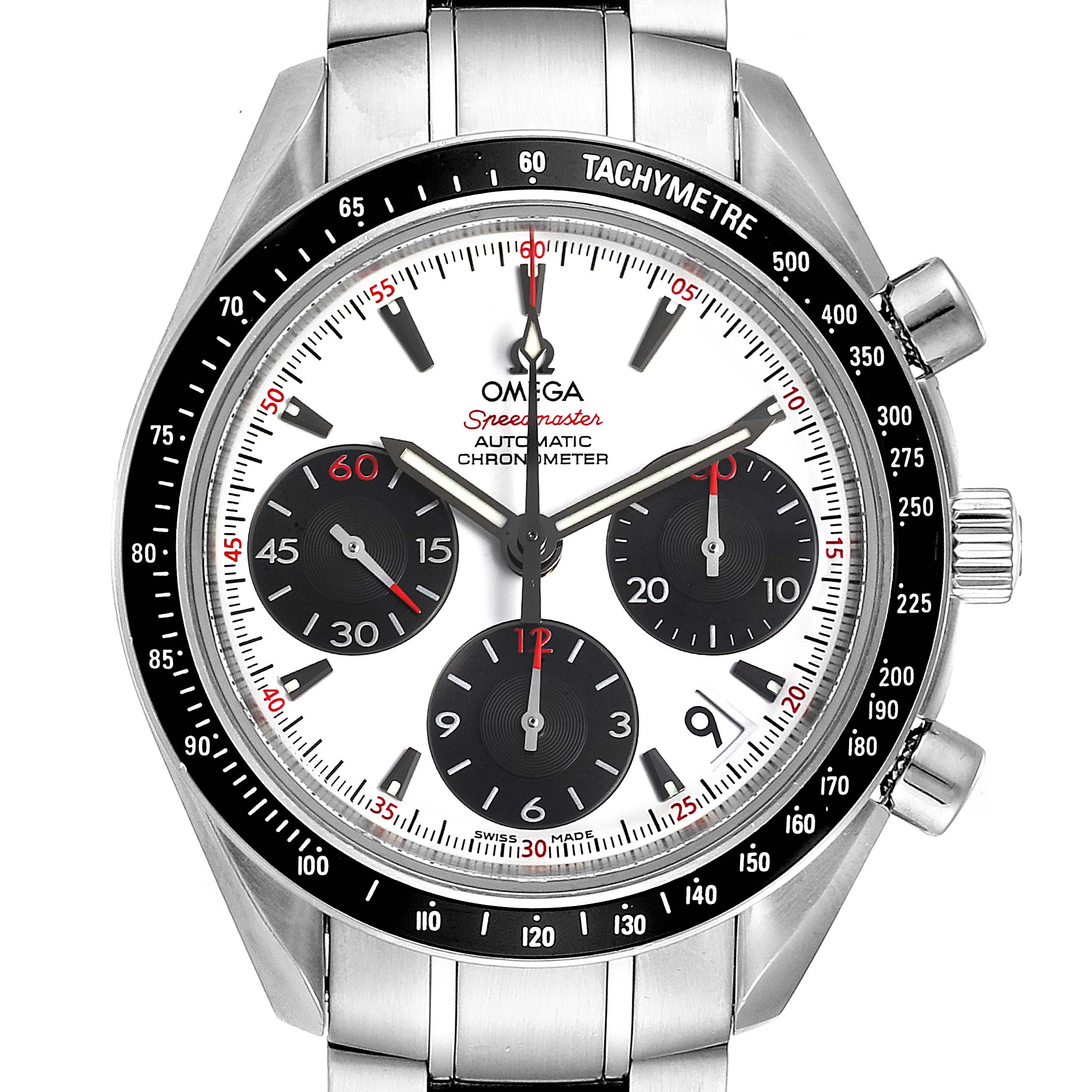 The image shows a front view of the Omega Speedmaster 323.30.40.40.04.001 Men's Stainless Steel White Dial 323.30.40.40.04.001 Men's Stainless Steel White Dial watch, displaying its face, chronograph dials, and tachymeter bezel.