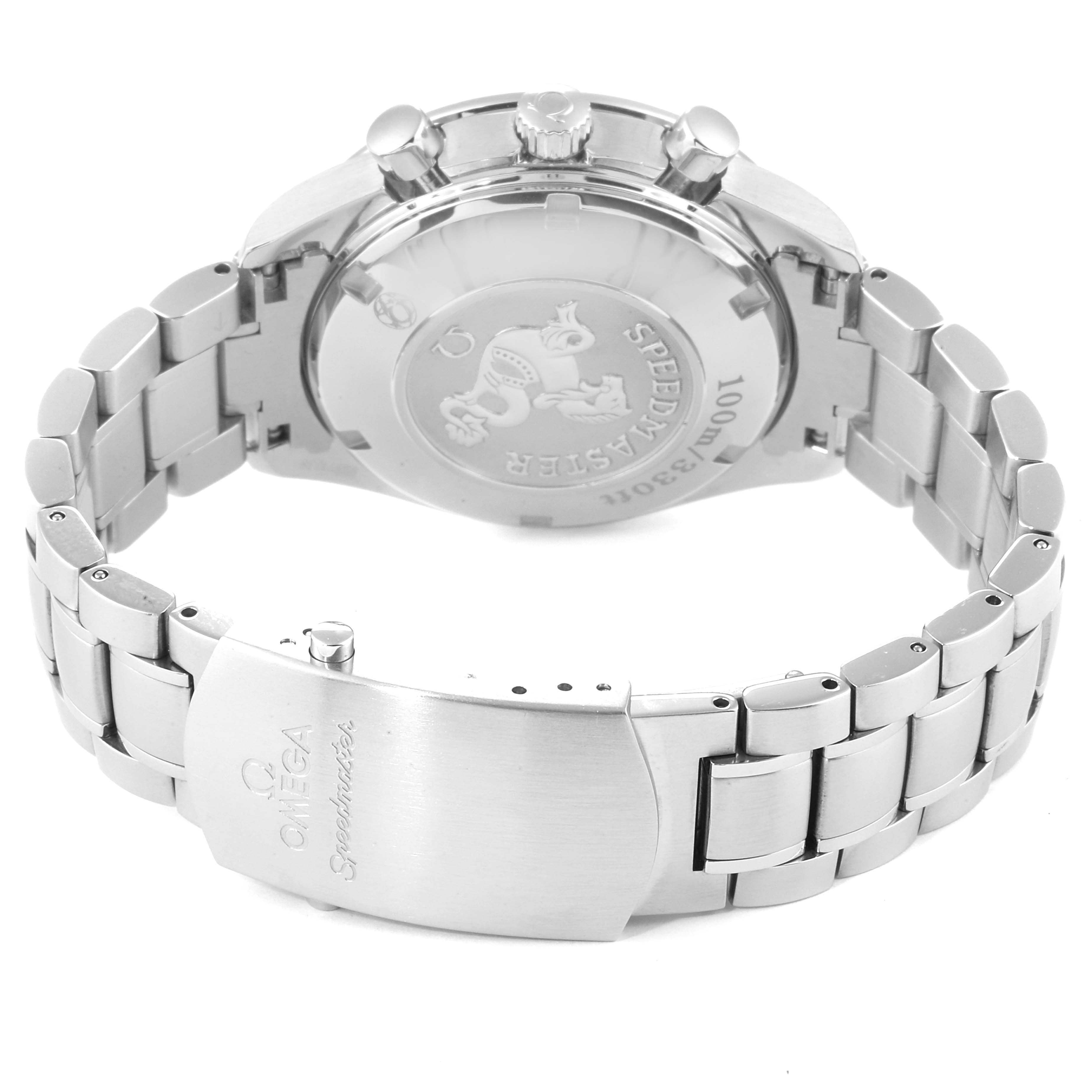 The image shows the back and bracelet clasp of an Omega Speedmaster 323.30.40.40.04.001 Men's Stainless Steel White Dial 323.30.40.40.04.001 Men's Stainless Steel White Dial watch from a rear angle.