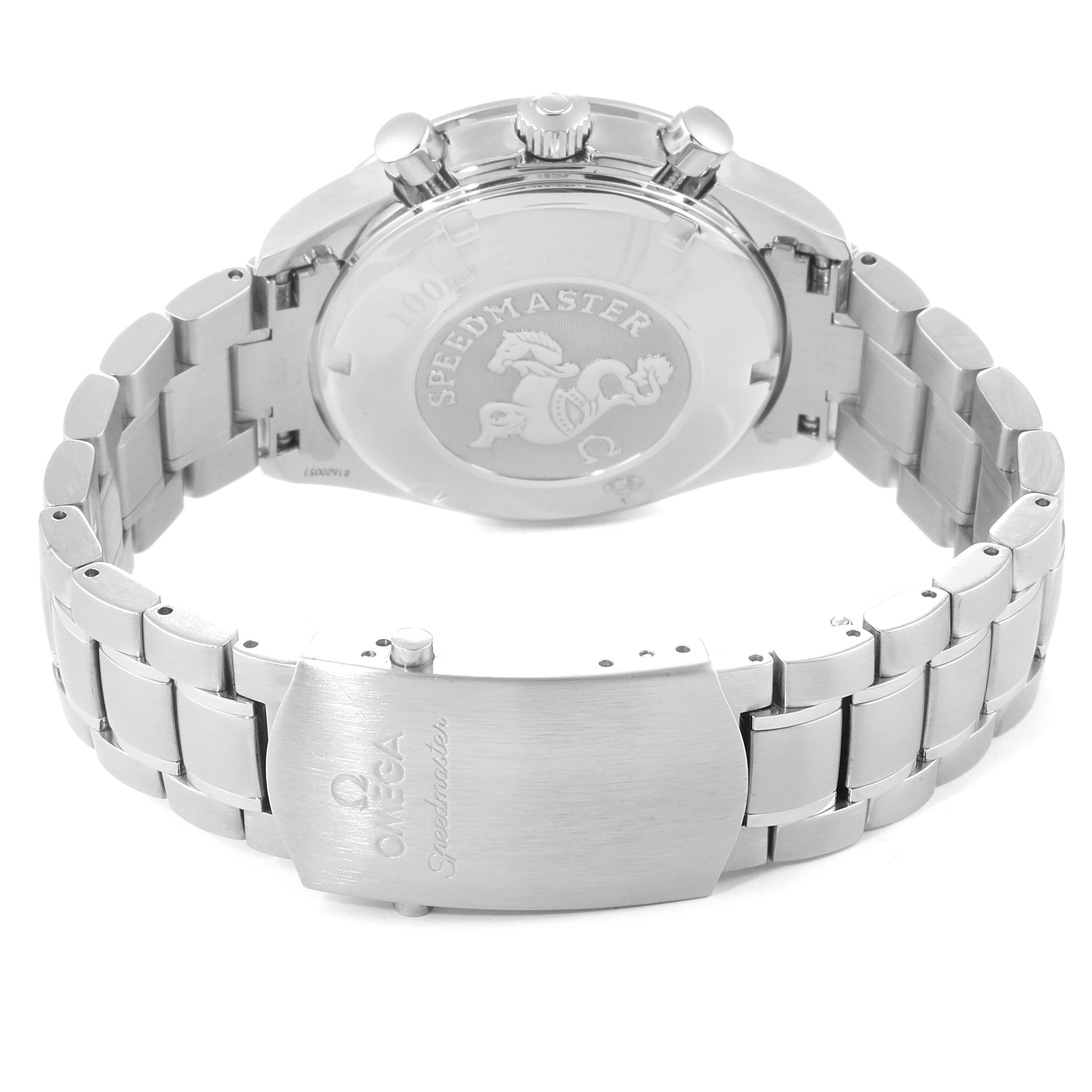 The image shows the back case and metal bracelet clasp of an Omega Speedmaster 3220.50.00 Men
s Stainless Steel Black Dial 3220.50.00 Men
s Stainless Steel Black Dial watch.