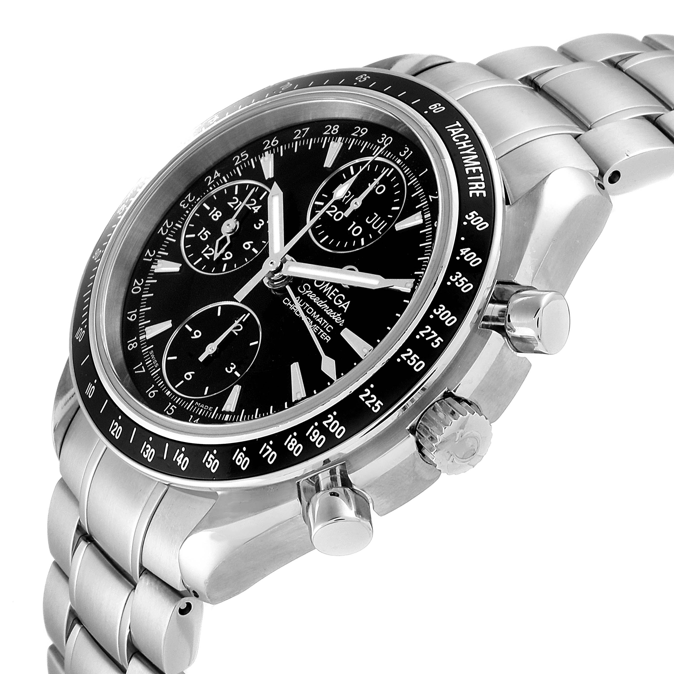 The image shows an Omega Speedmaster 3220.50.00 Men
s Stainless Steel Black Dial 3220.50.00 Men
s Stainless Steel Black Dial watch at a slight angle, highlighting the dial, tachymeter bezel, and stainless steel bracelet.