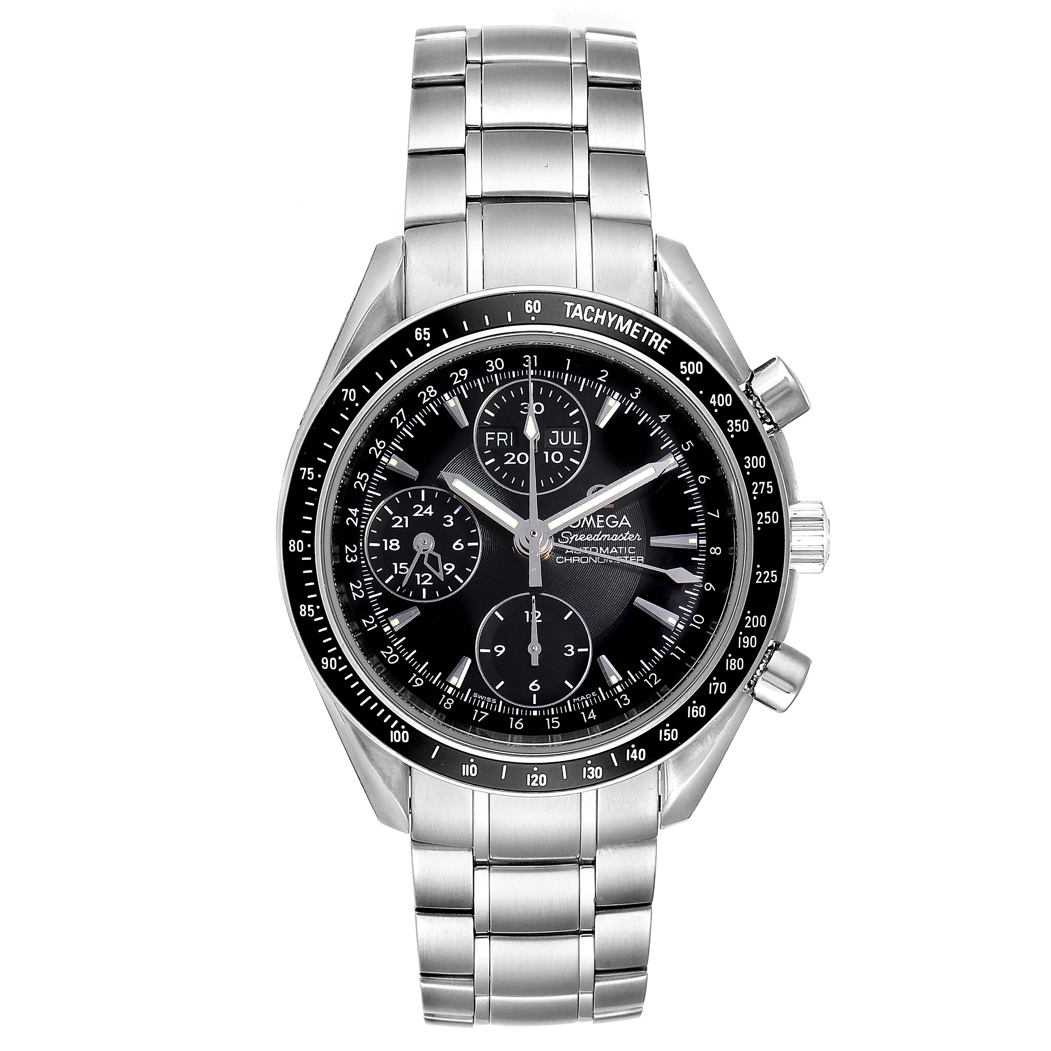This image displays an Omega Speedmaster 3220.50.00 Men
s Stainless Steel Black Dial 3220.50.00 Men
s Stainless Steel Black Dial watch from a front angle, showcasing its dial, tachymeter bezel, and steel bracelet.