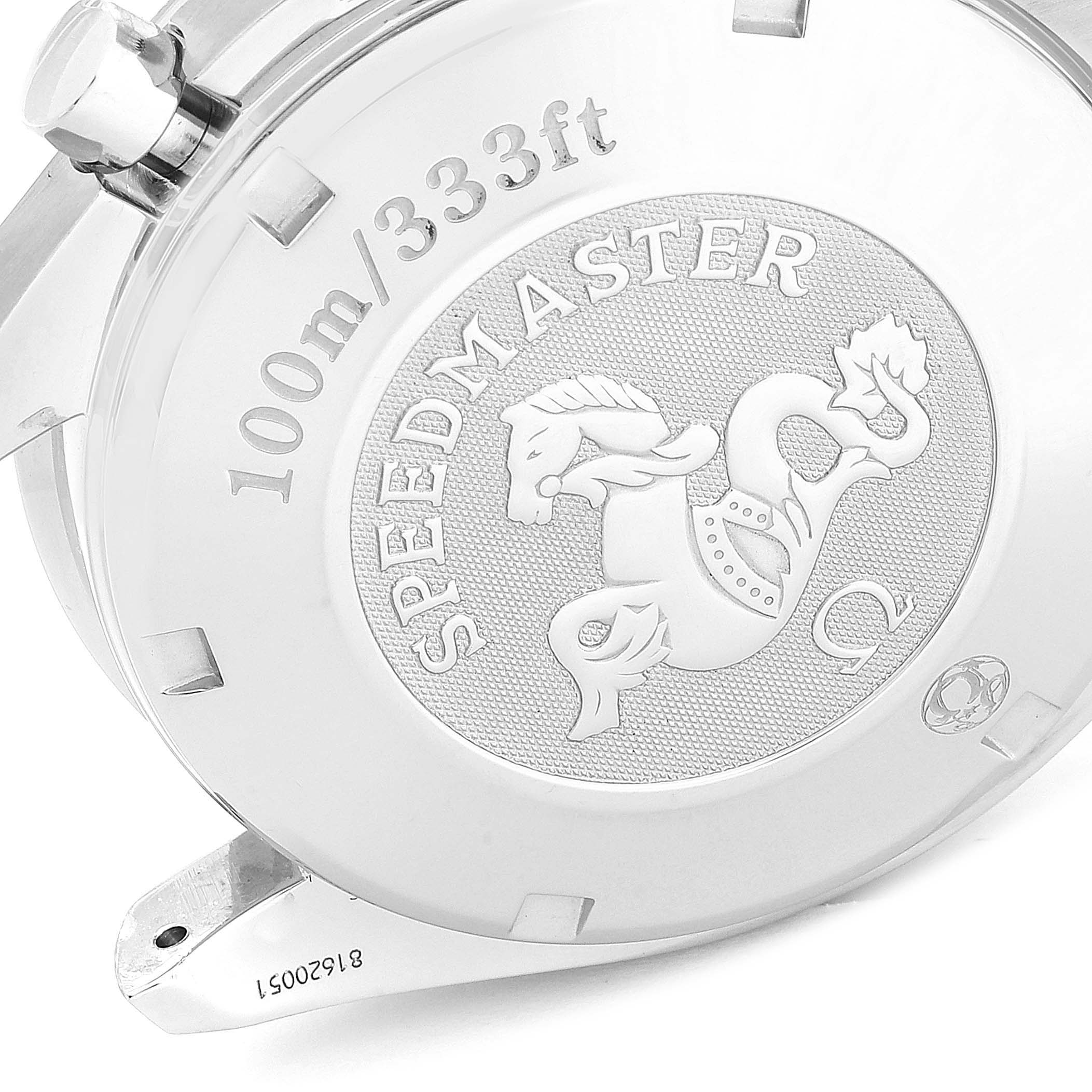 The image shows the back case of an Omega Speedmaster 3220.50.00 Men
s Stainless Steel Black Dial 3220.50.00 Men
s Stainless Steel Black Dial watch, featuring an engraved seahorse and water resistance information.