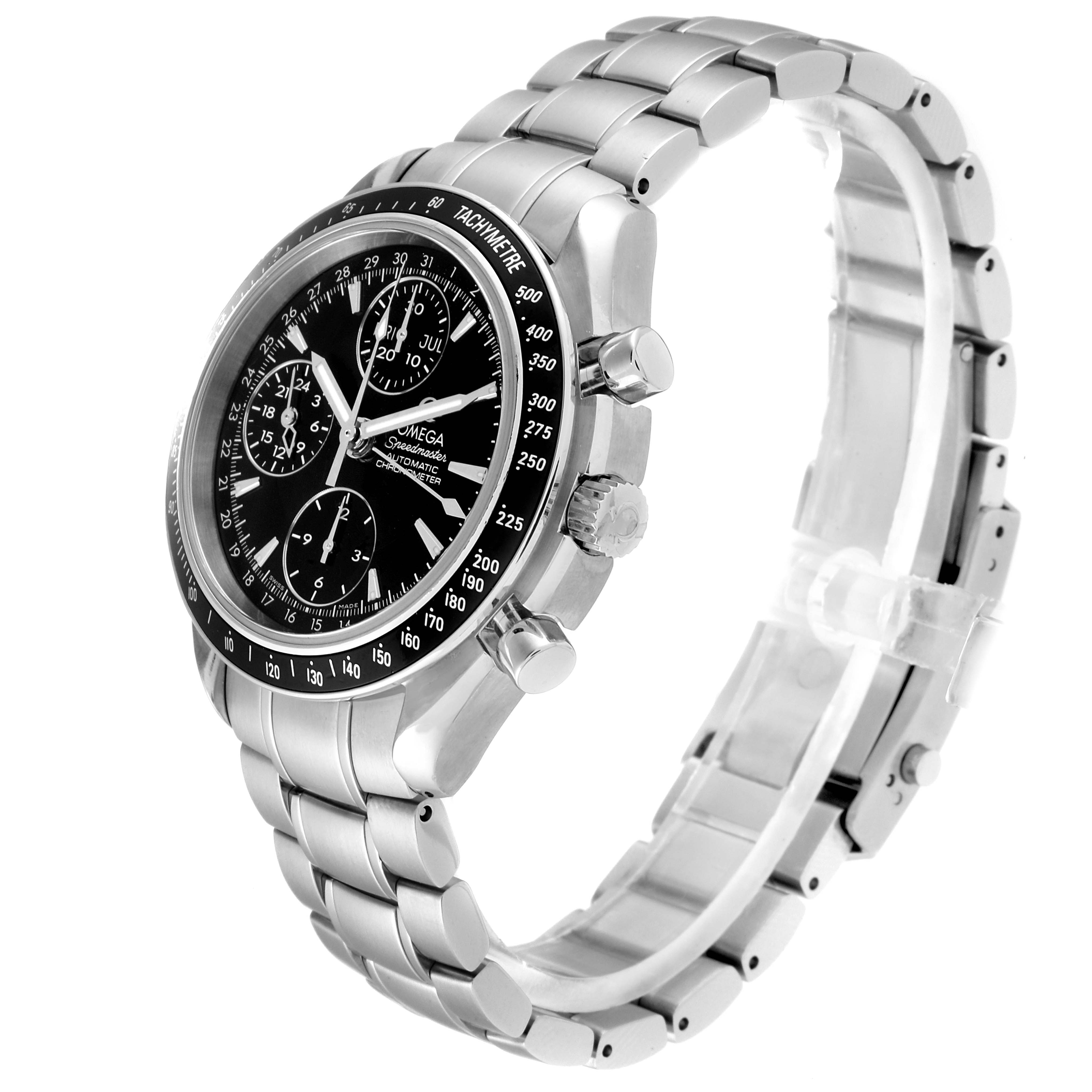 The Omega Speedmaster 3220.50.00 Men
s Stainless Steel Black Dial 3220.50.00 Men
s Stainless Steel Black Dial watch is shown at an angle displaying the face, bezel, crown, pushers, and stainless steel bracelet.