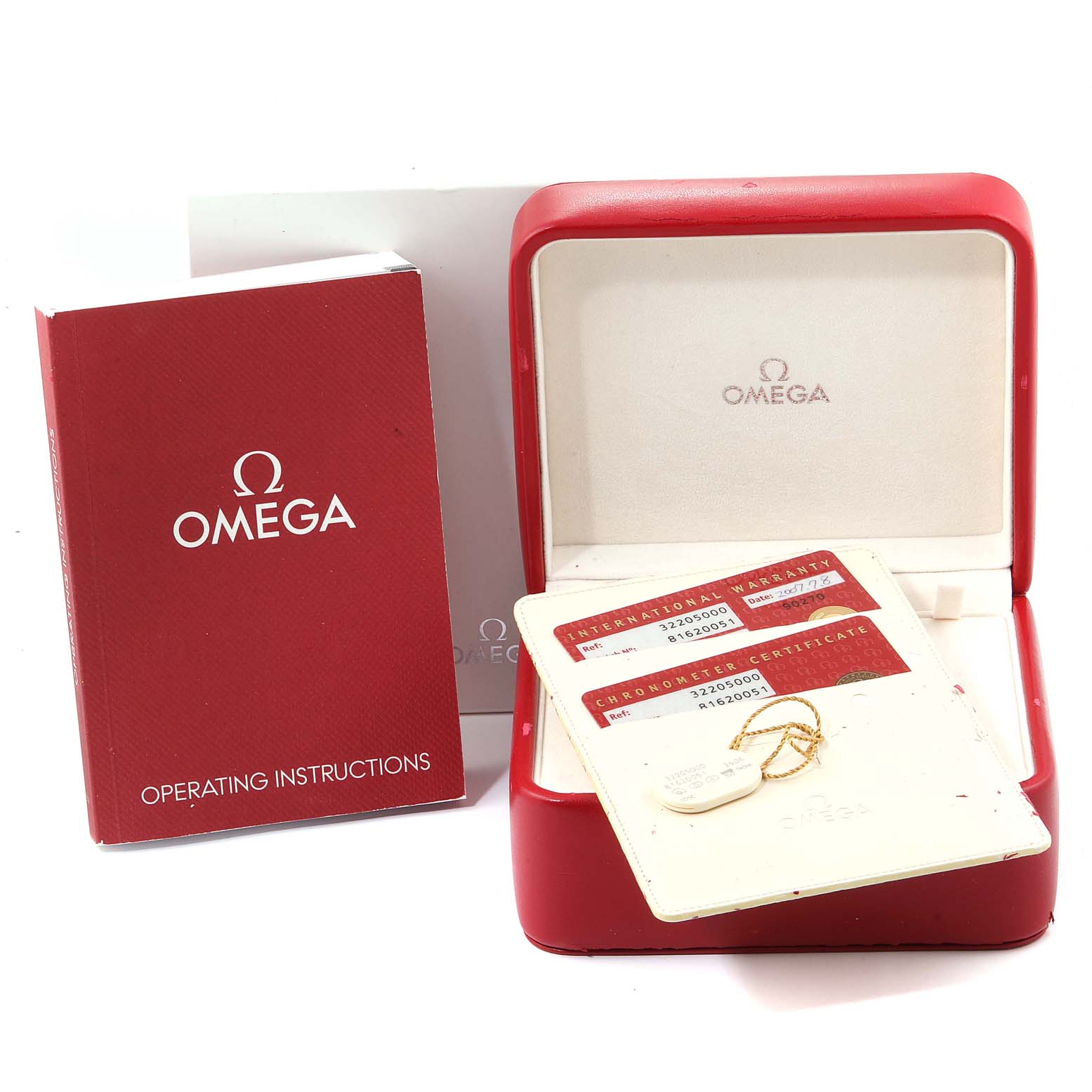 This image shows the Omega Speedmaster 3220.50.00 Men
s Stainless Steel Black Dial 3220.50.00 Men
s Stainless Steel Black Dial
s box, operating instructions, warranty, and certificate.