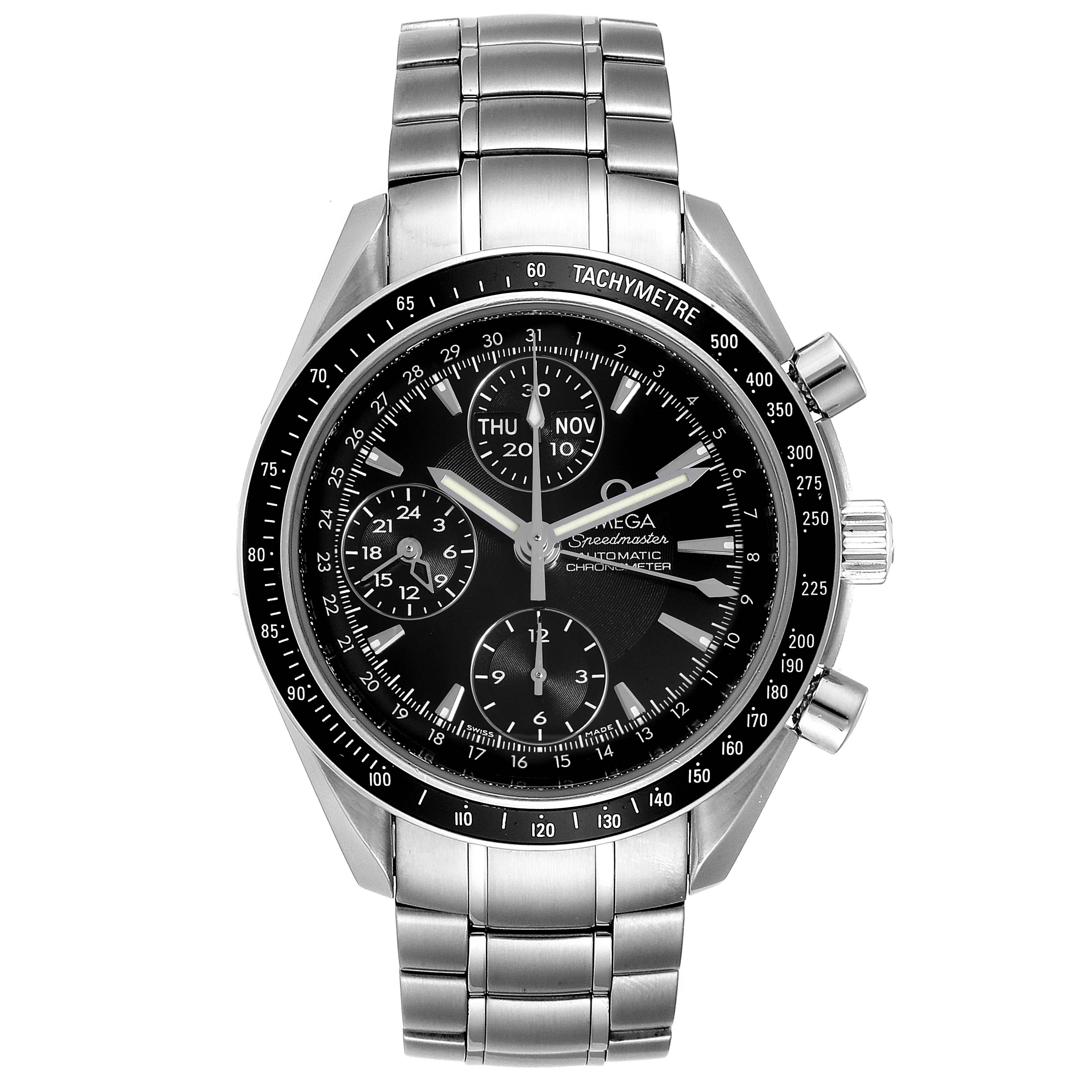 The image shows a front view of an Omega Speedmaster 3220.50.00 Men
s Stainless Steel Black Dial 3220.50.00 Men
s Stainless Steel Black Dial watch, featuring a black dial, tachymeter bezel, and stainless steel bracelet.