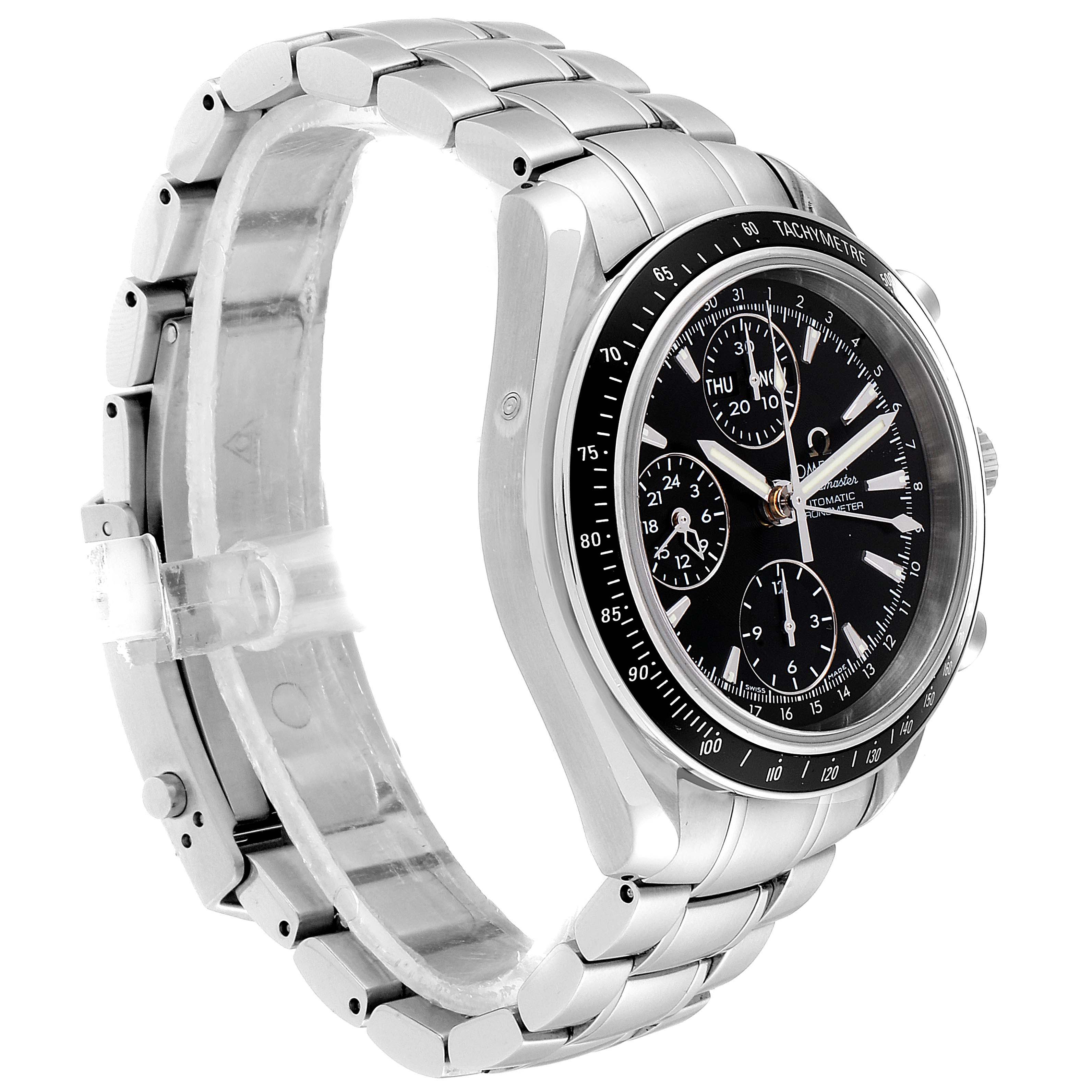 This image shows an Omega Speedmaster 3220.50.00 Men
s Stainless Steel Black Dial 3220.50.00 Men
s Stainless Steel Black Dial watch at a three-quarter angle, highlighting its black dial, stainless steel case, and bracelet.