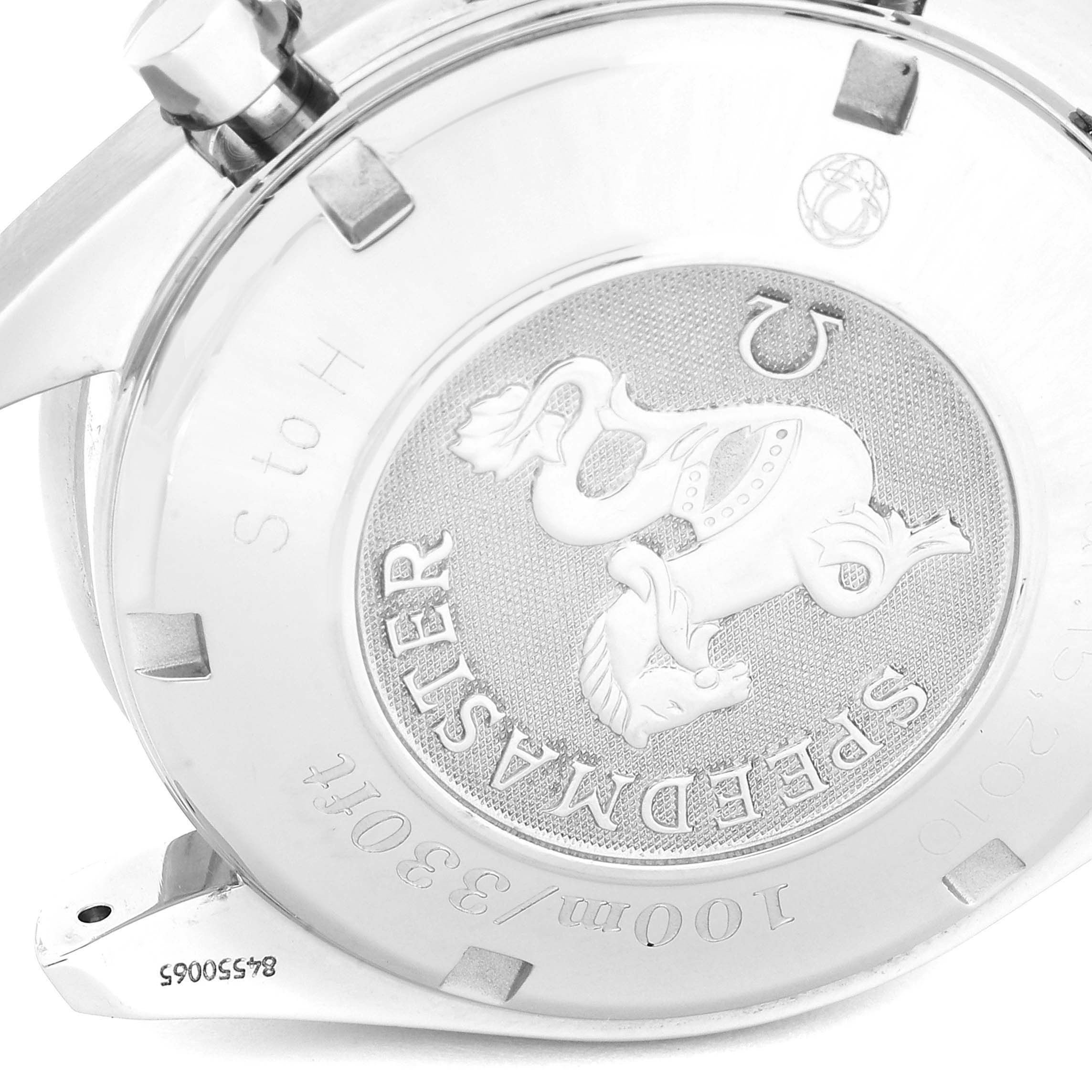 The image shows the back case of an Omega Speedmaster 3220.50.00 Men
s Stainless Steel Black Dial 3220.50.00 Men
s Stainless Steel Black Dial watch, displaying the model name and intricate engraving.