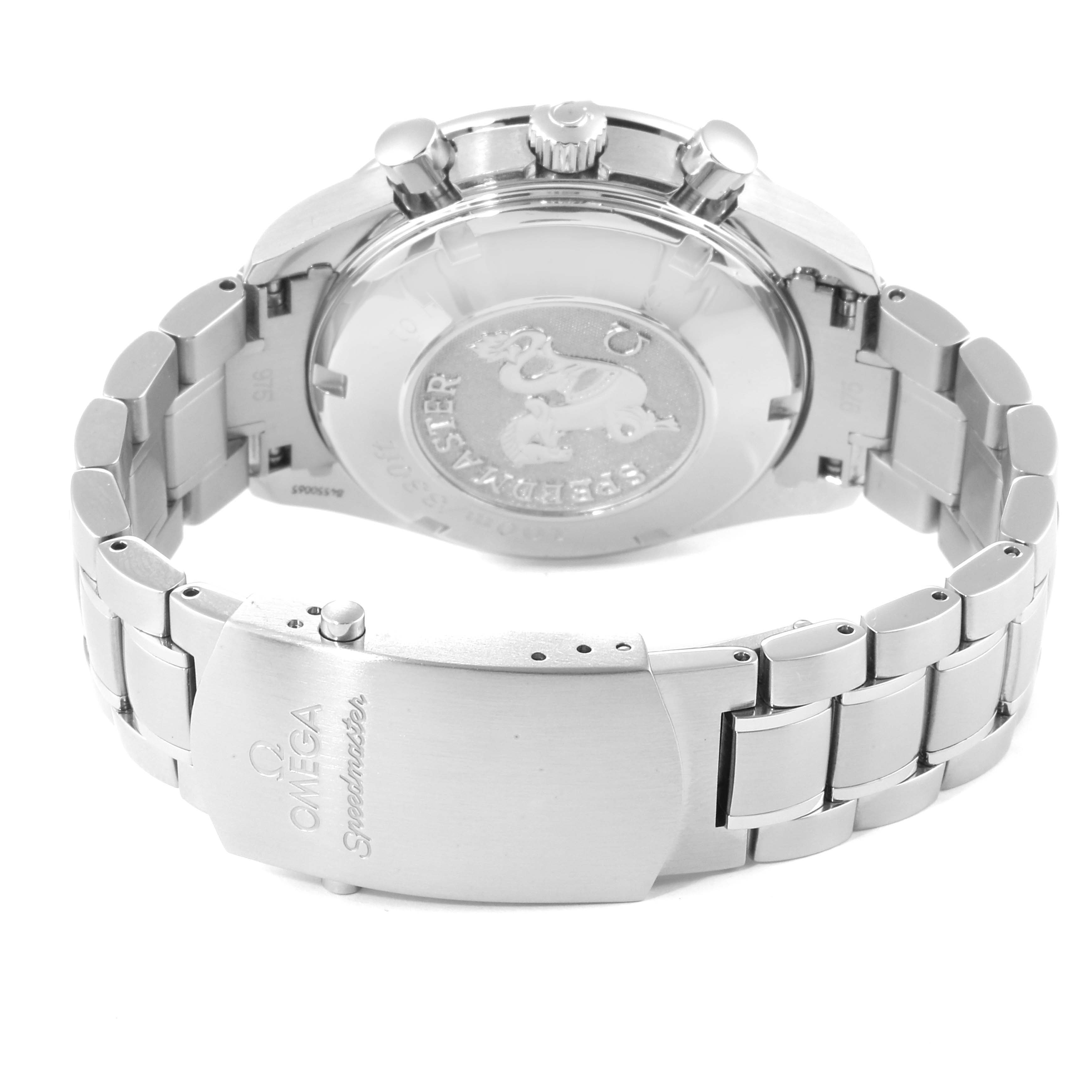 The image shows the back and clasp of an Omega Speedmaster 3220.50.00 Men
s Stainless Steel Black Dial 3220.50.00 Men
s Stainless Steel Black Dial watch, highlighting the case back and bracelet.