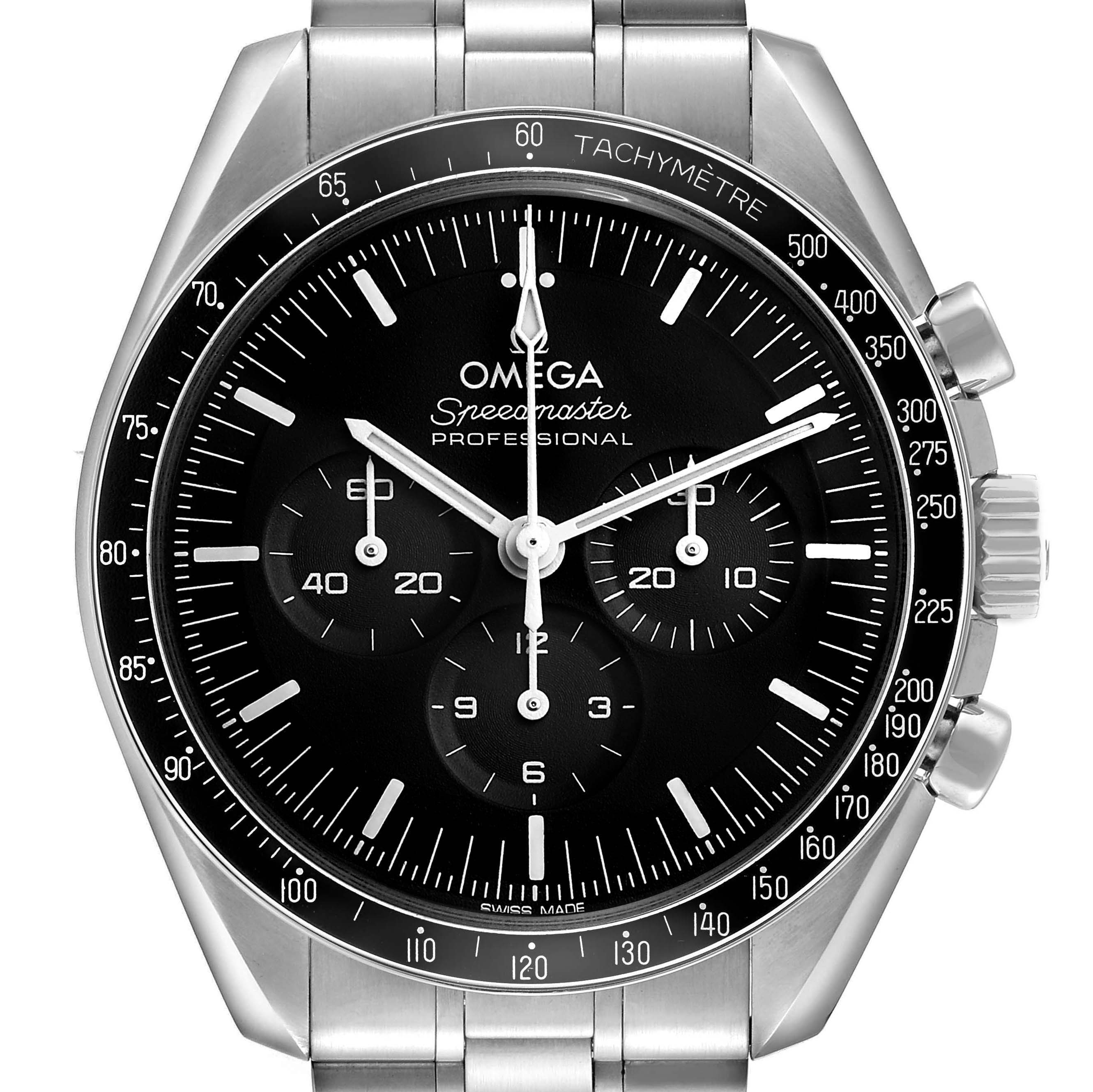 The Omega Speedmaster 310.30.42.50.01.001 Men's Stainless Steel Black Dial watch is shown from a front angle, highlighting the dial, bezel, and subdials.