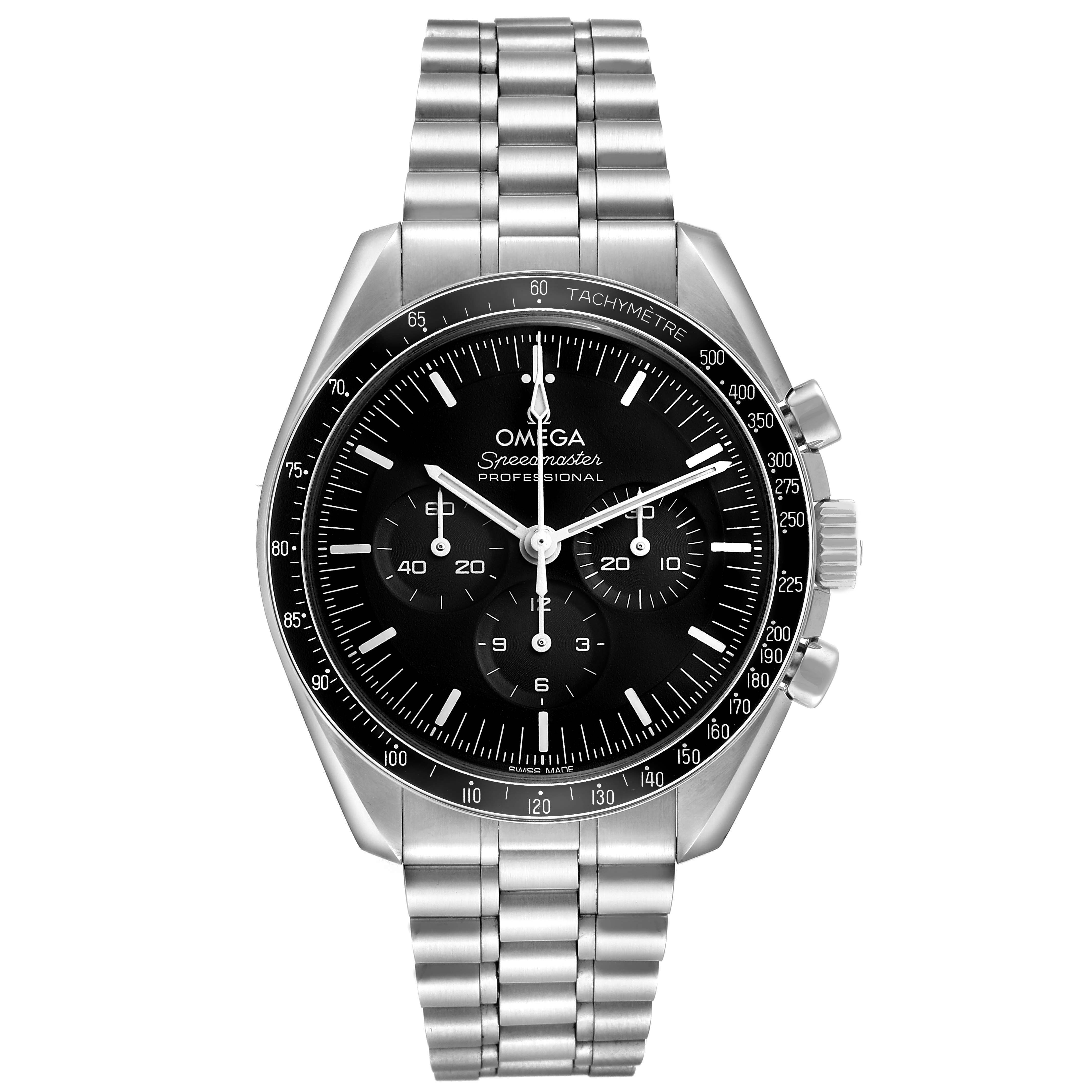 The Omega Speedmaster 310.30.42.50.01.001 Men's Stainless Steel Black Dial watch is shown from a front view, displaying its dial, bezel, and stainless steel bracelet.